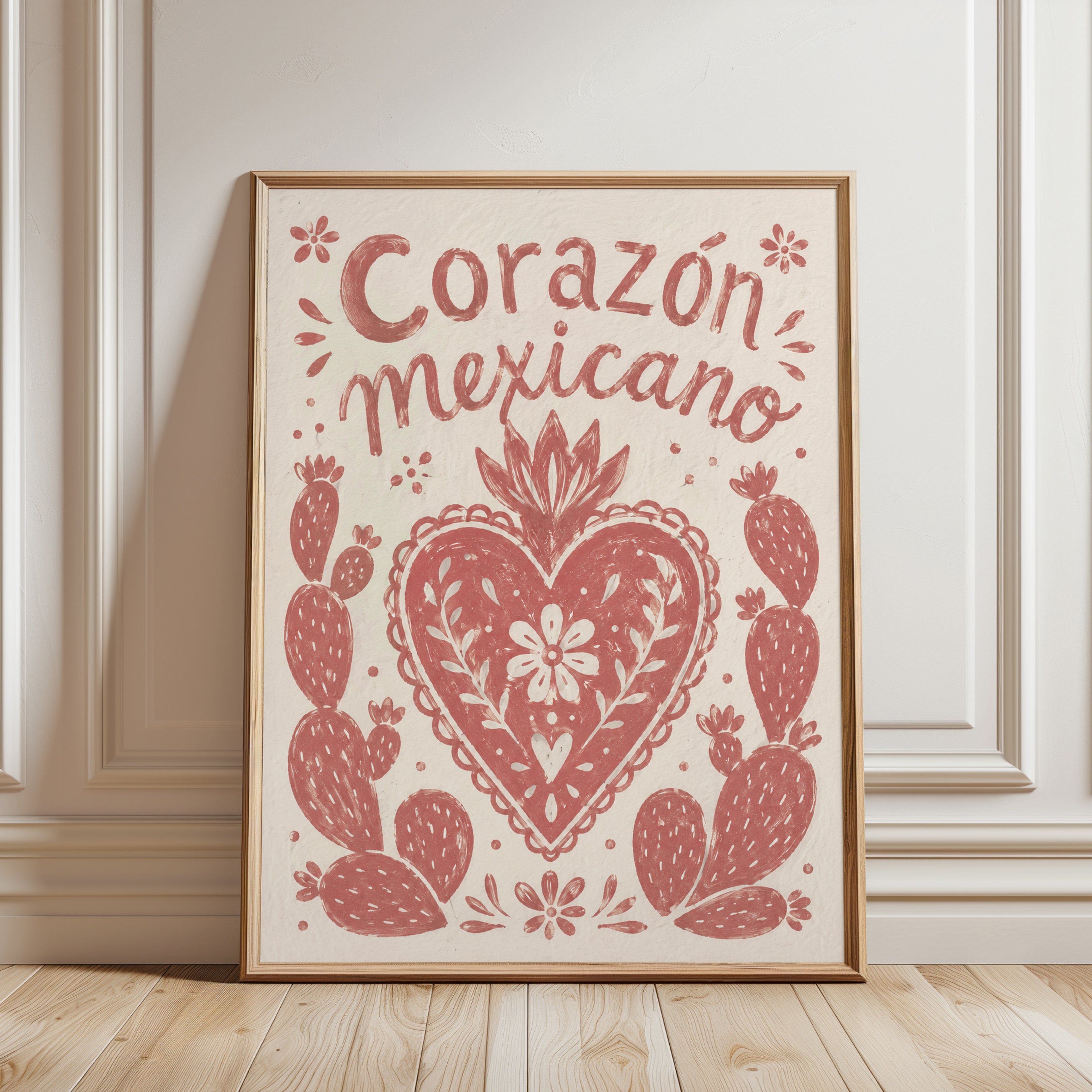 Corazon Mexicano Folk Art Print: Red Heart and Cactus Design - framed detail