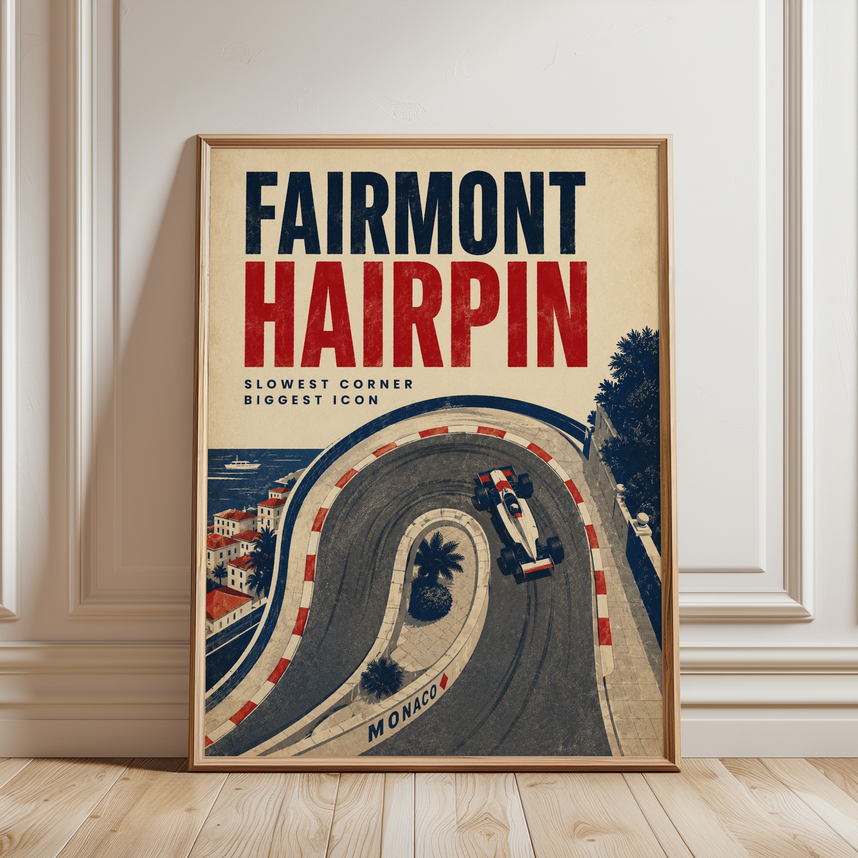 Monaco Travel Poster – Fairmont Hairpin Wall Art - framed detail