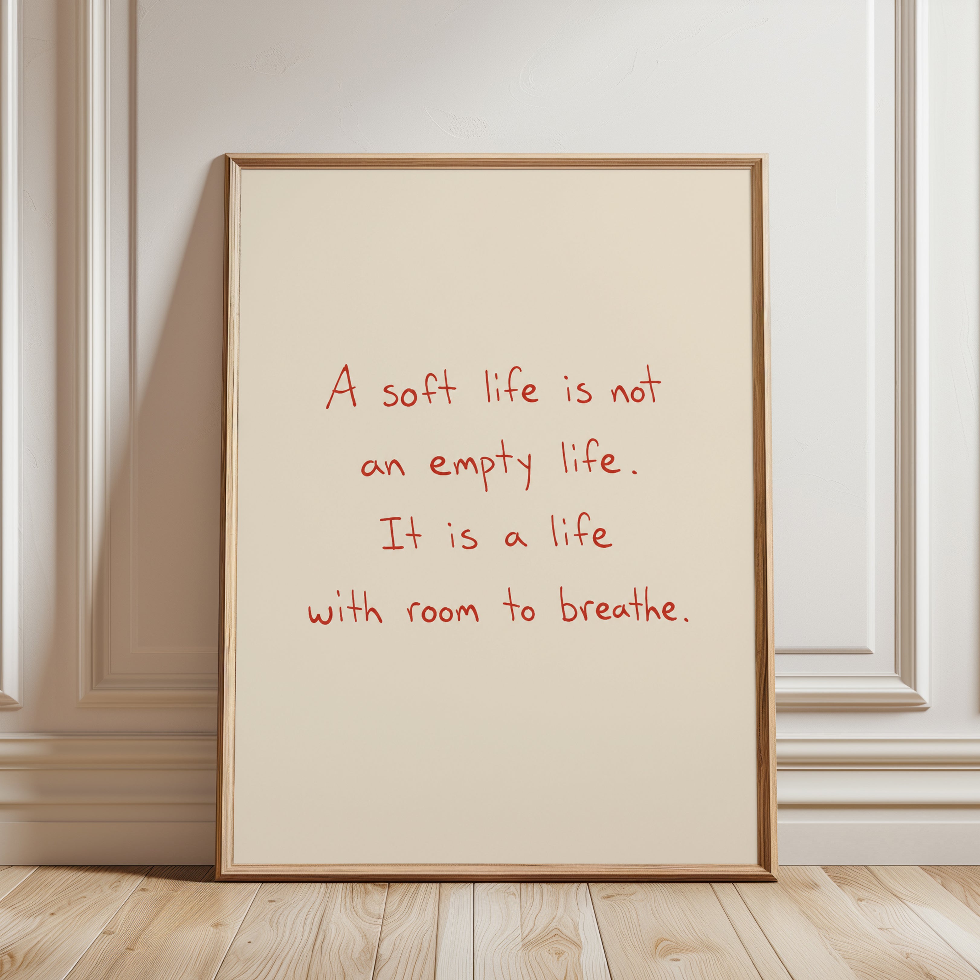Soft Life Typography Print: Minimalist Red Text on Beige - framed detail