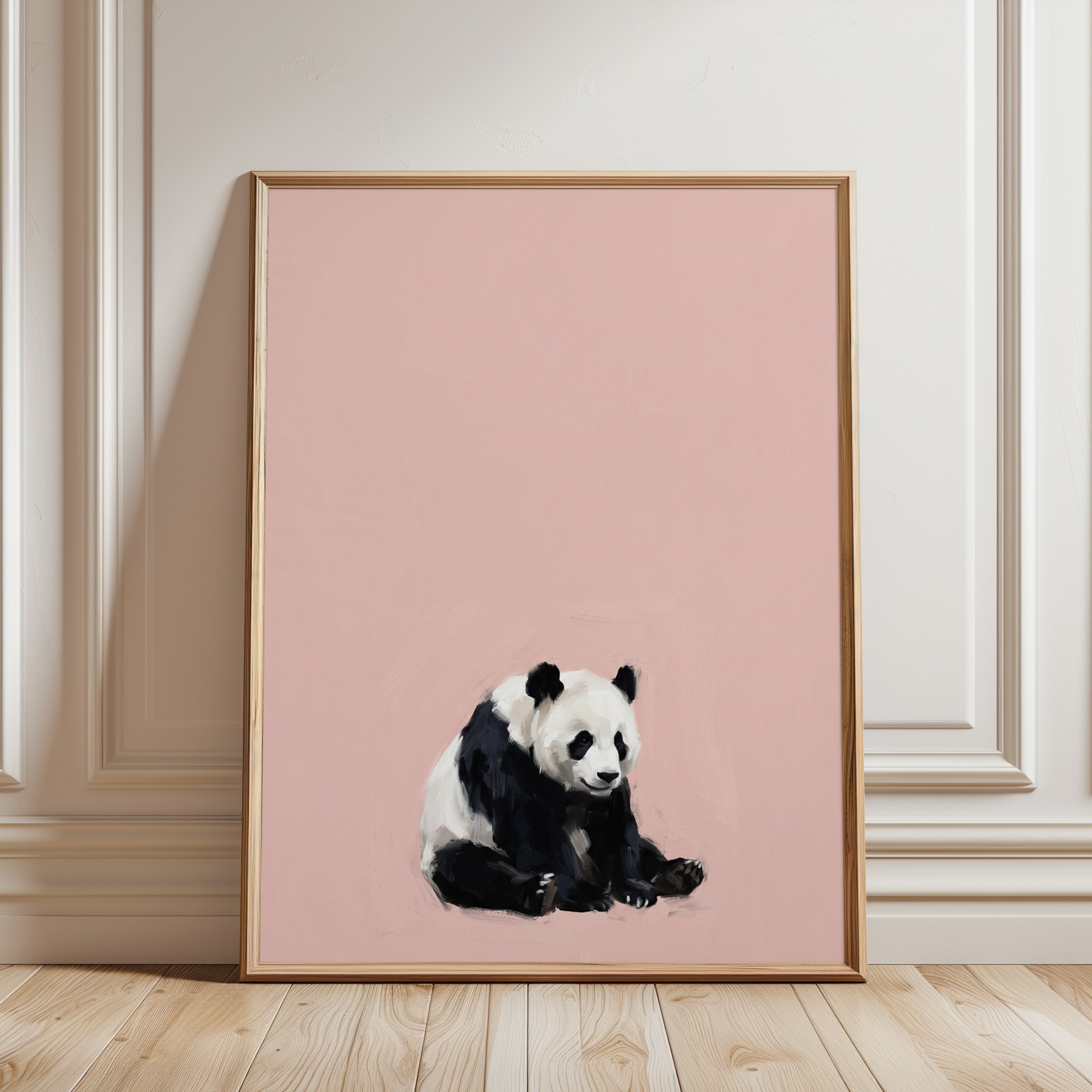Panda on Pink Wall Art: Minimalist Animal Painting - framed detail