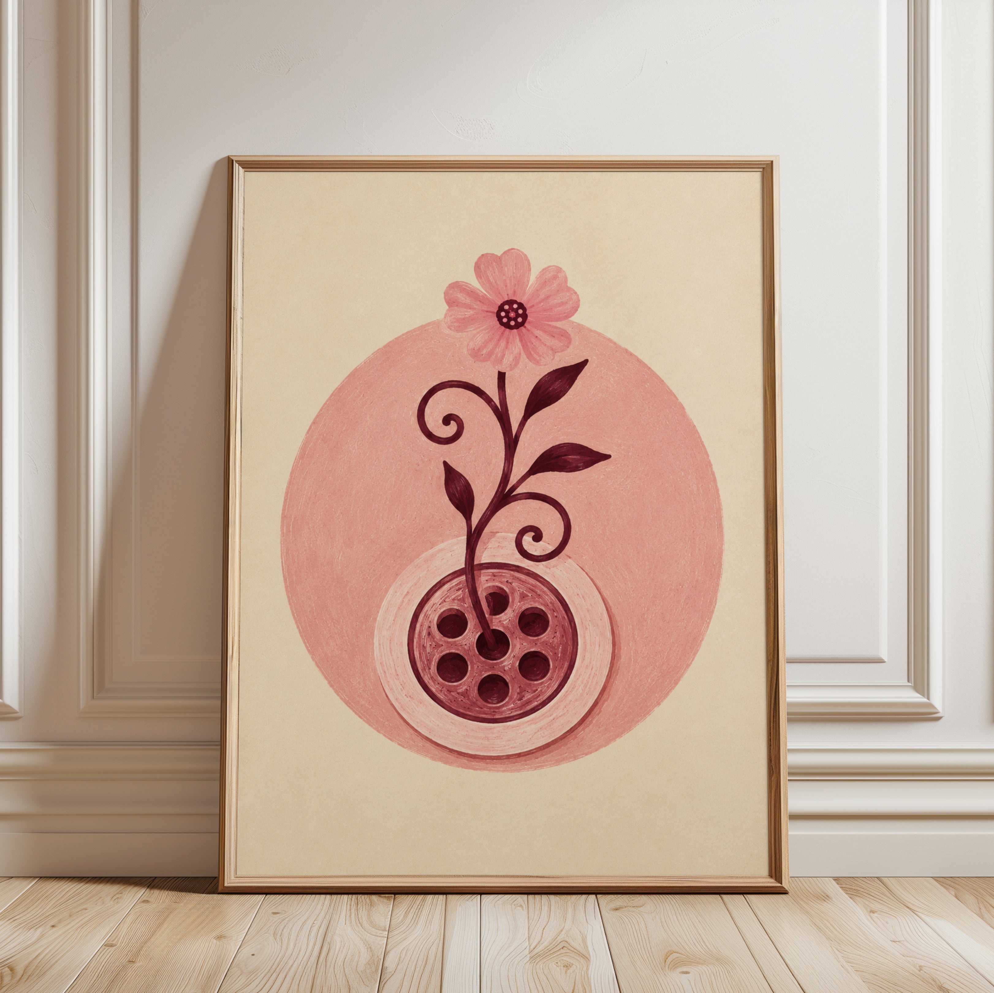Folk Art Flower Print – Pink Botanical Wall Art - framed detail