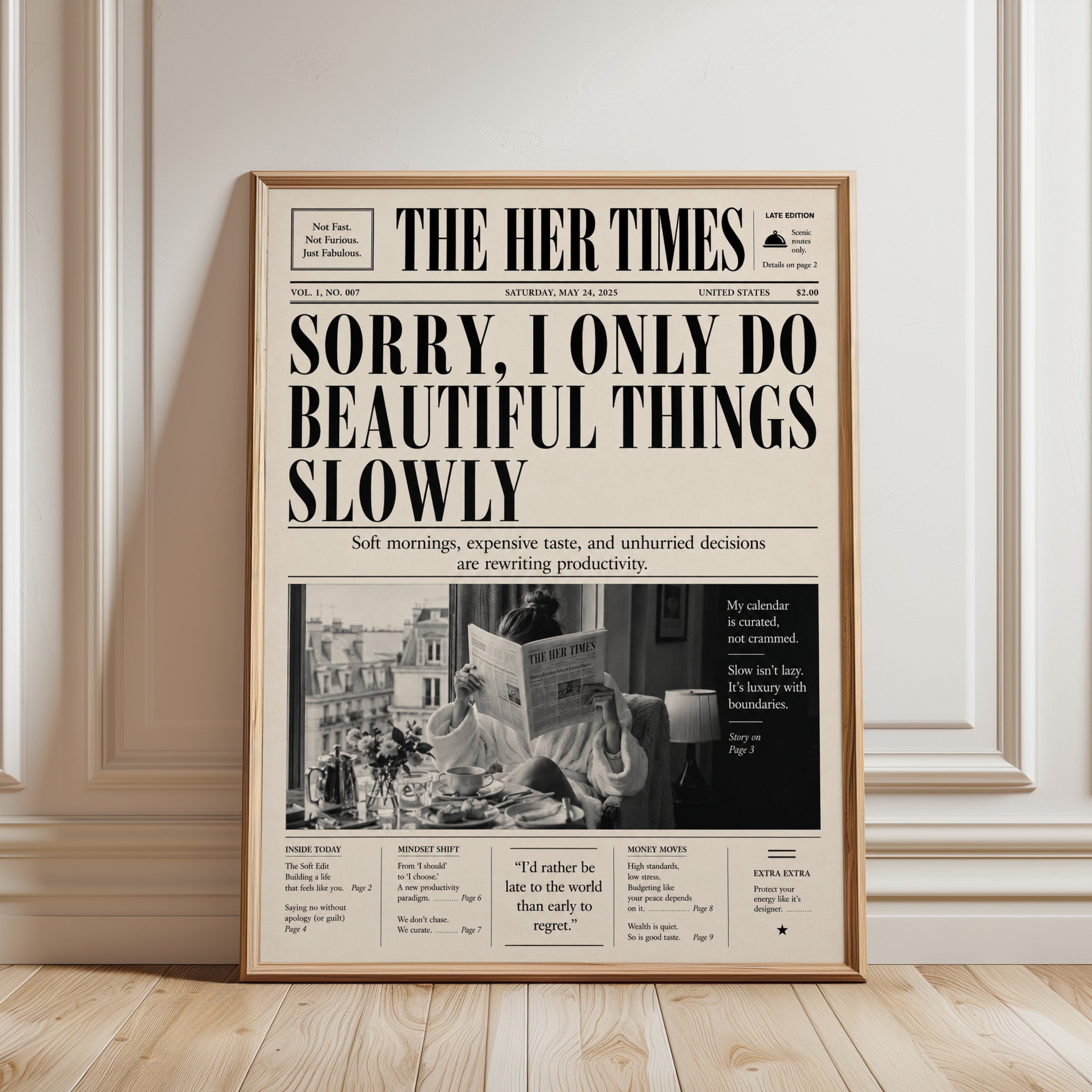 The Her Times Newspaper Art Print: Vintage Typography Poster - framed detail