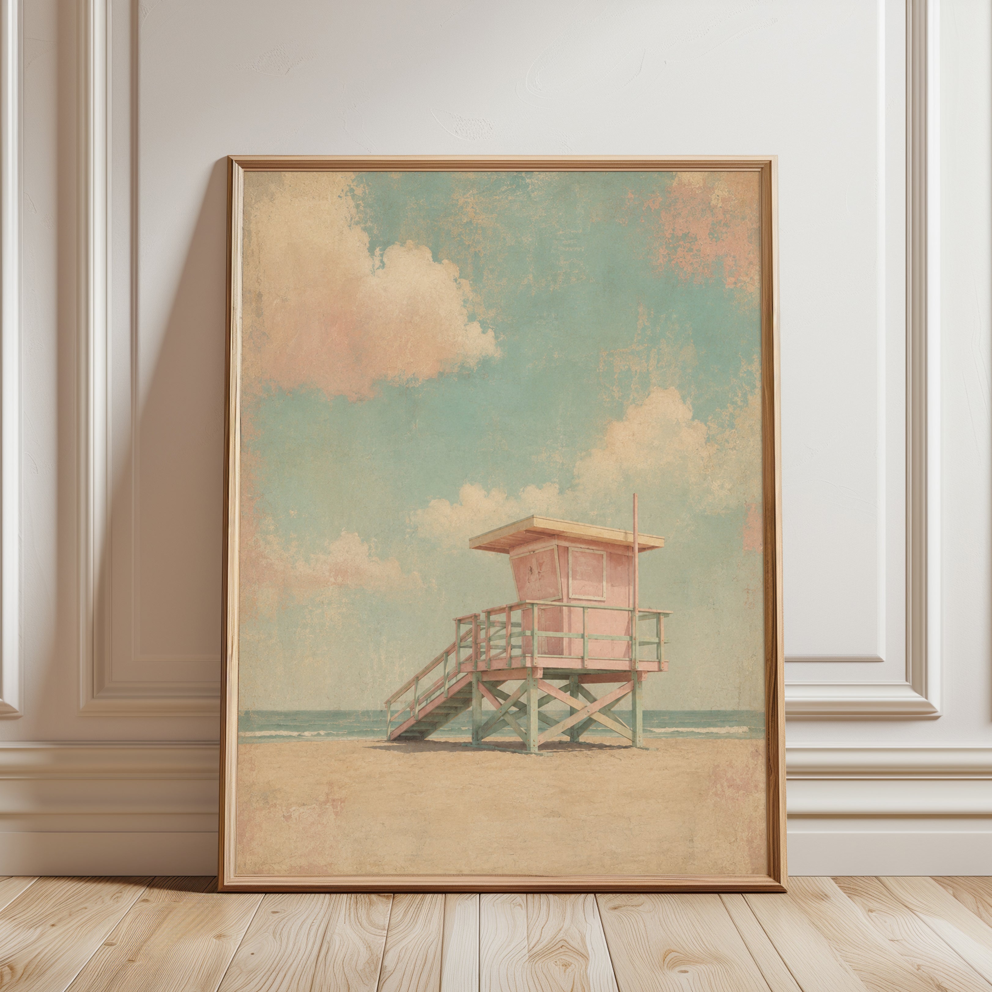 Beach Lifeguard Tower Print – Coastal Wall Art - framed detail