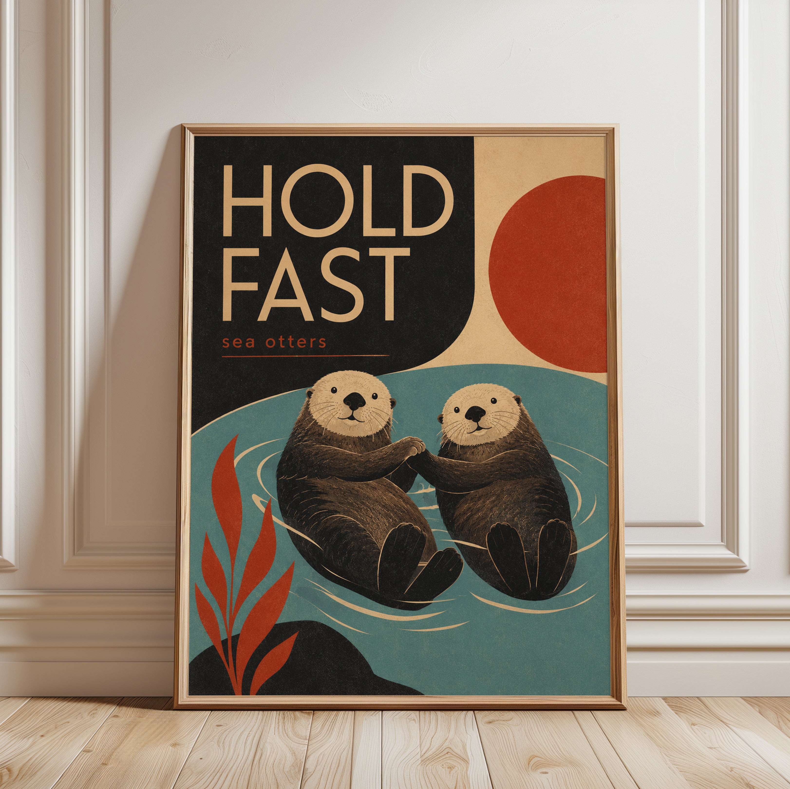 Sea Otter Art Print — Vintage Retro Illustration - framed detail