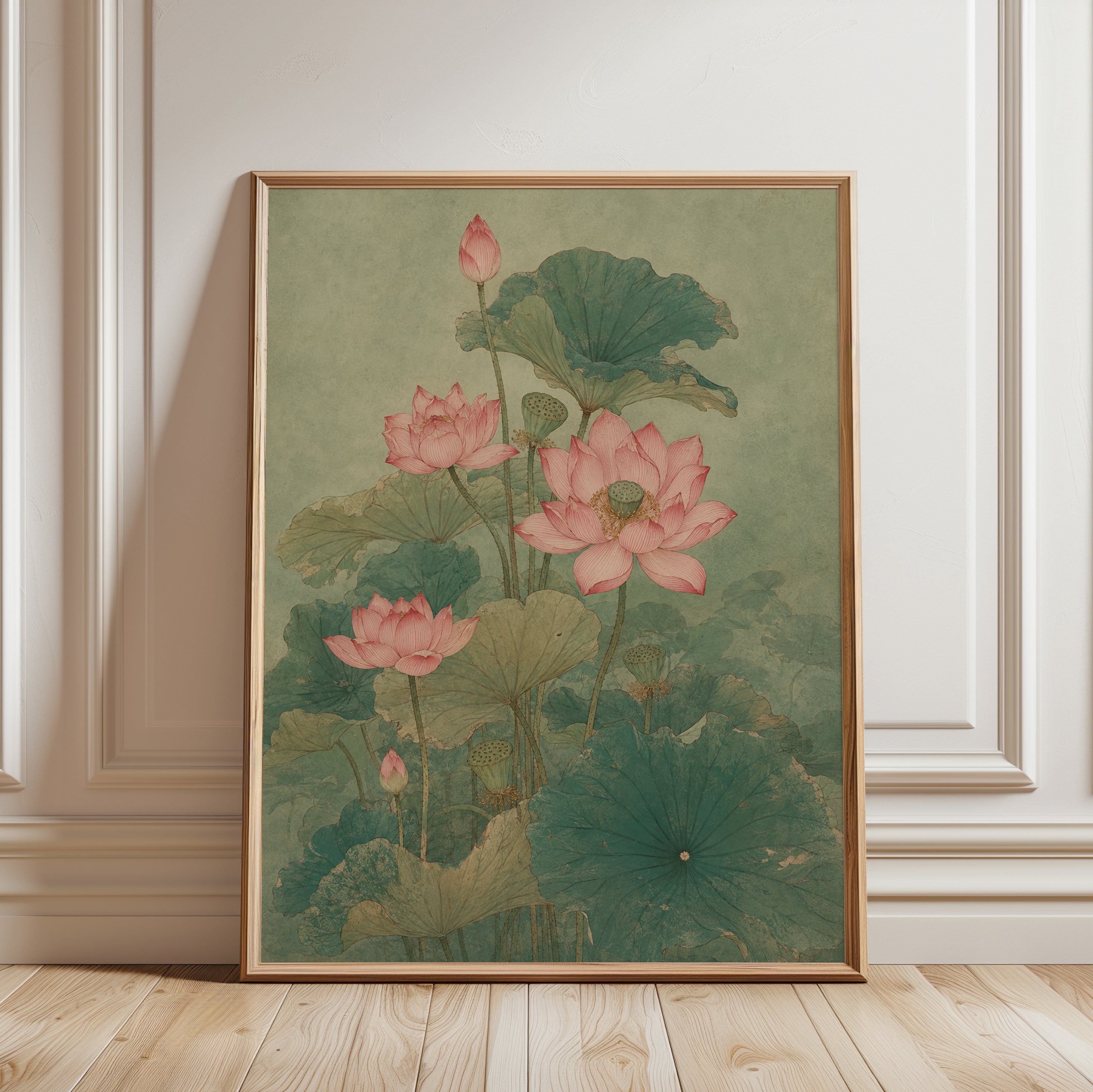 Lotus Flower Botanical Print — Vintage Asian Watercolor - framed detail