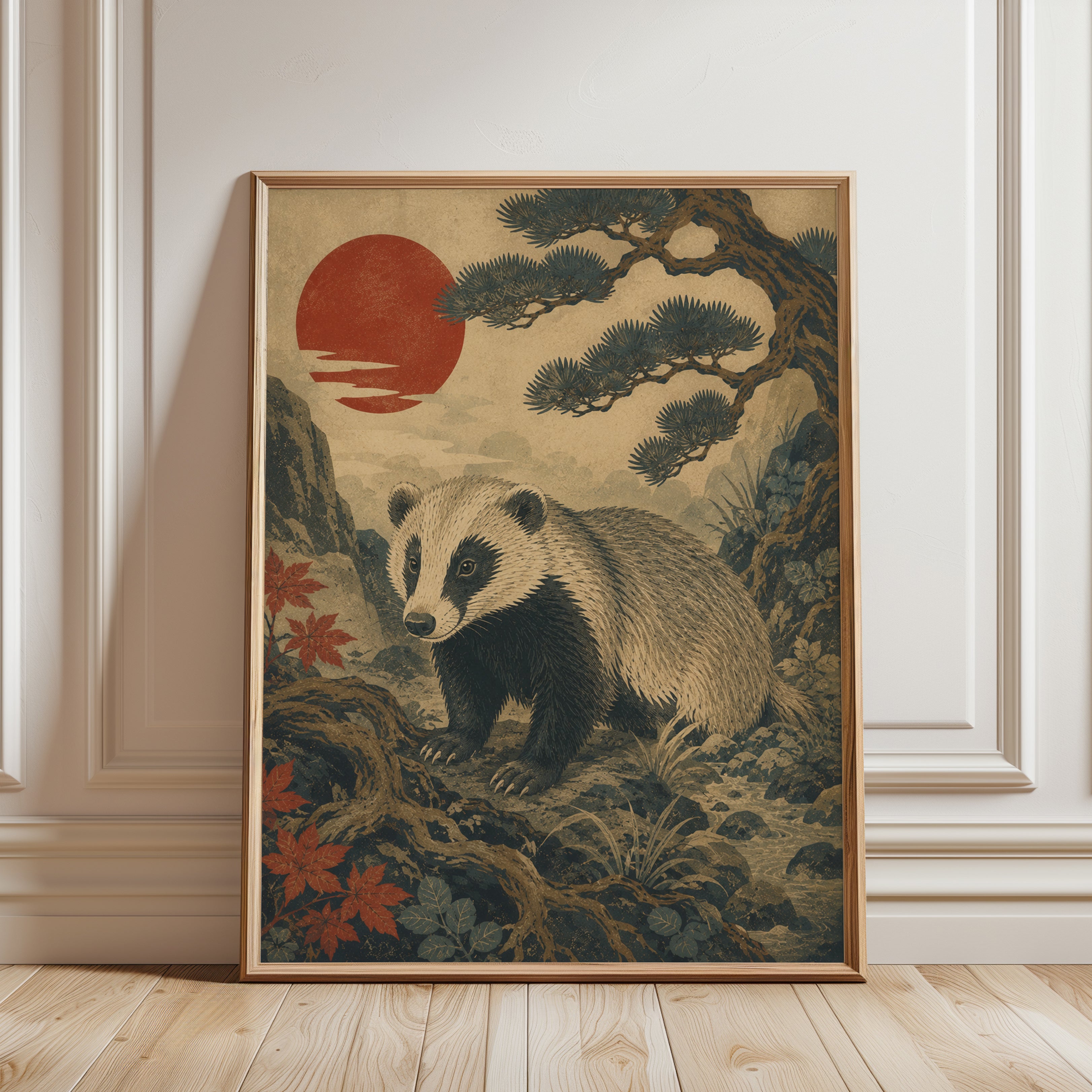 Badger Wall Art Print: Japanese Ukiyo-e Style - framed detail