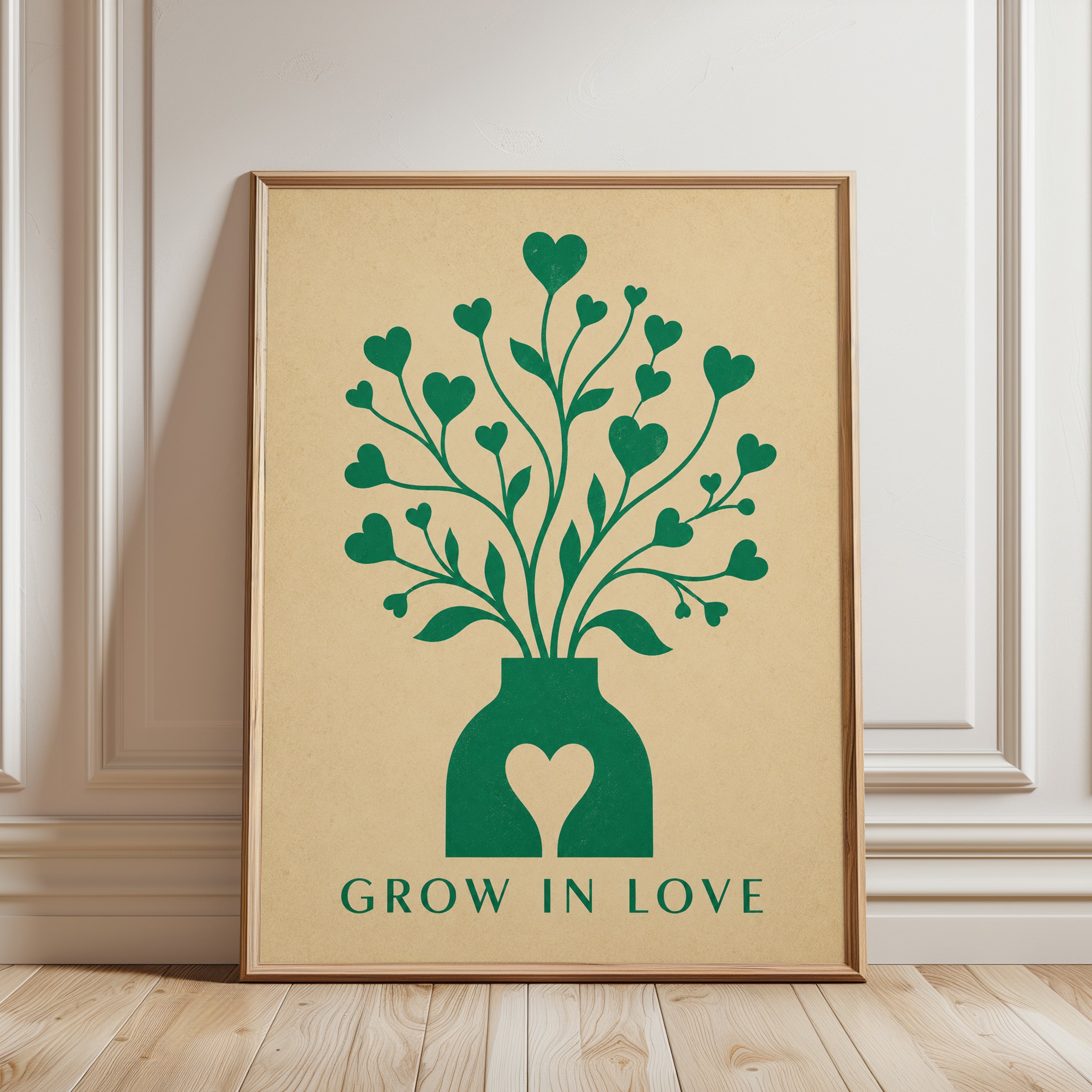 Grow in Love Heart Vase Print: Folk Art Green Botanical Poster - framed detail