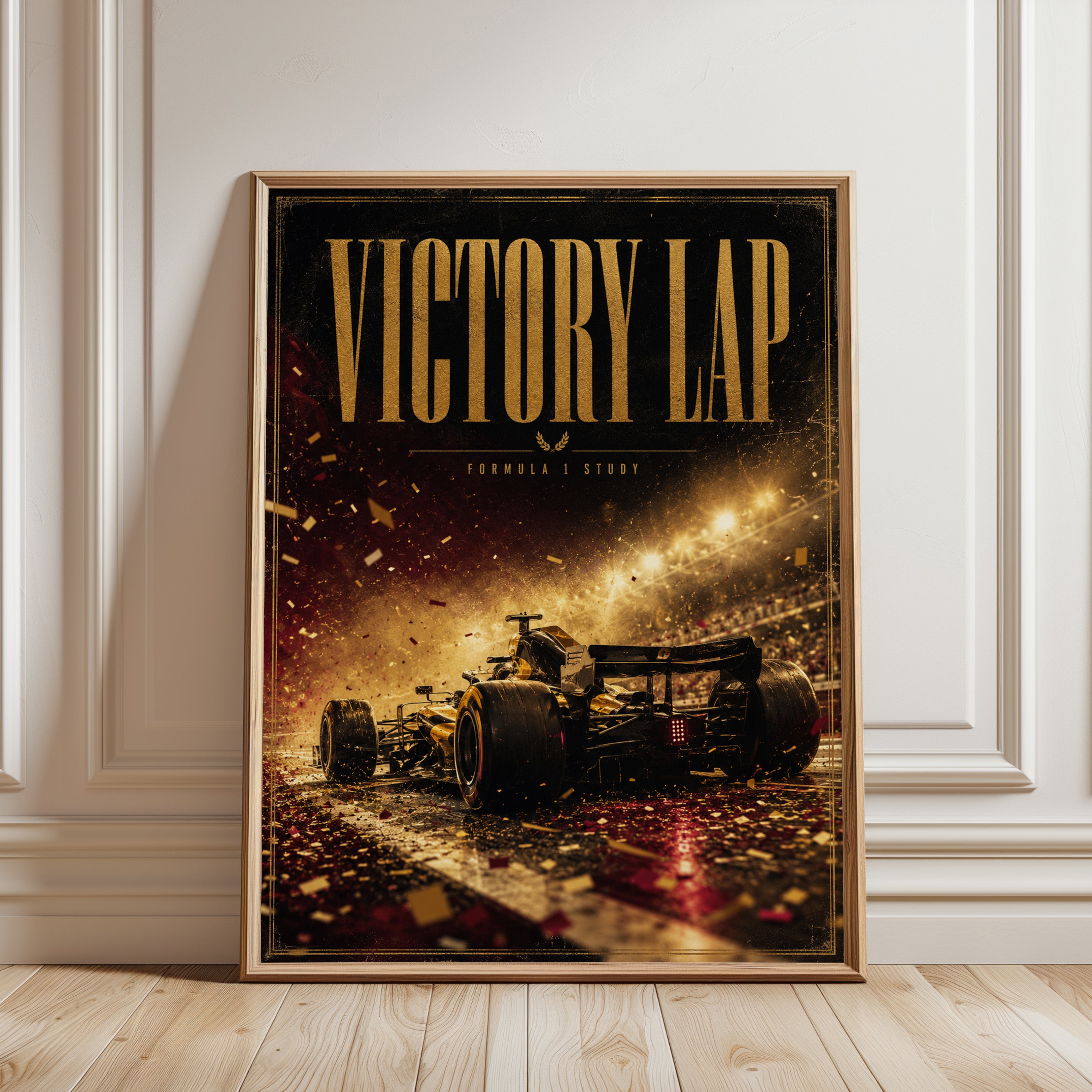 Victory Lap Formula 1 Poster: Gold Confetti Racing Car Art - framed detail