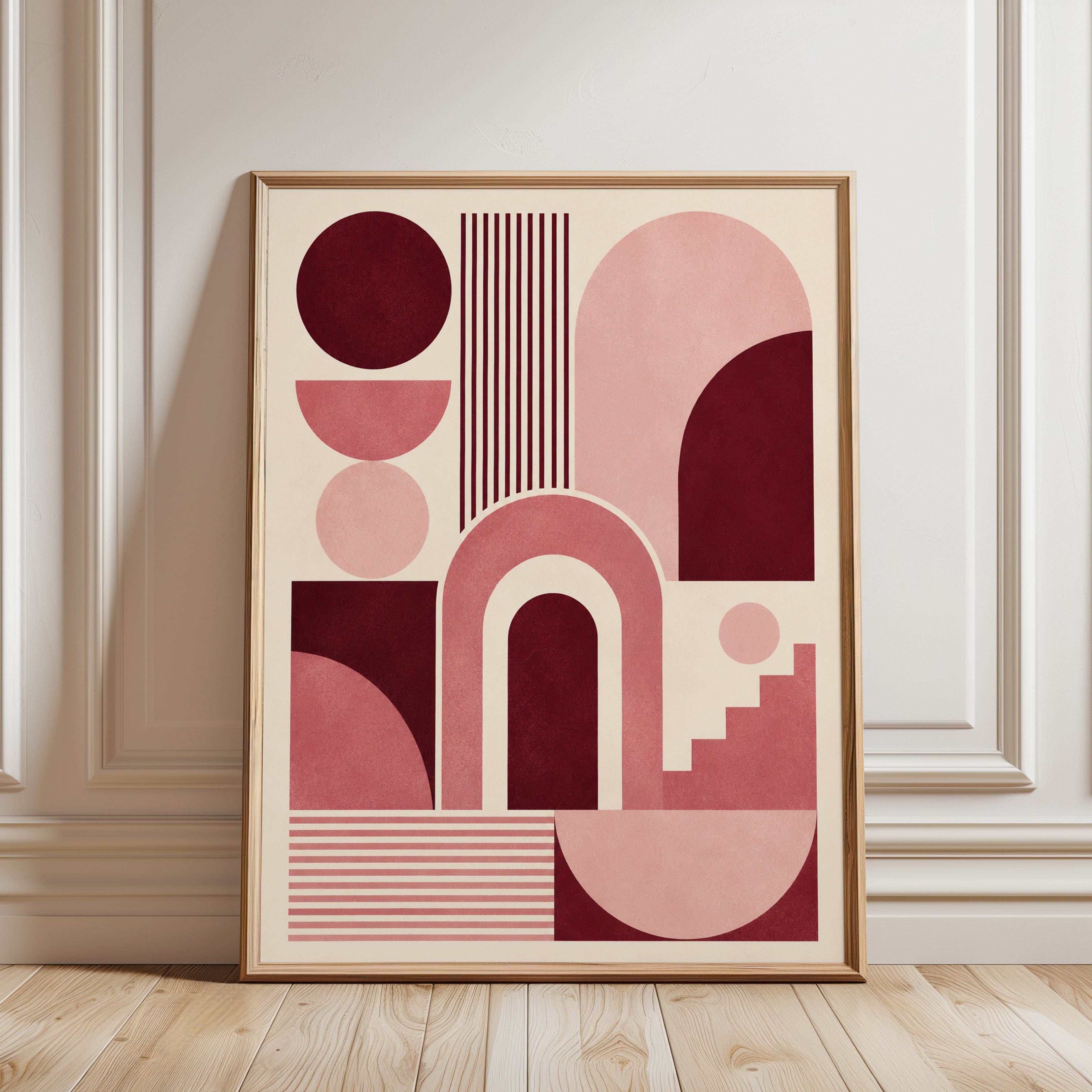 Geometric Abstract Art Print: Burgundy and Pink Bauhaus Design - framed detail