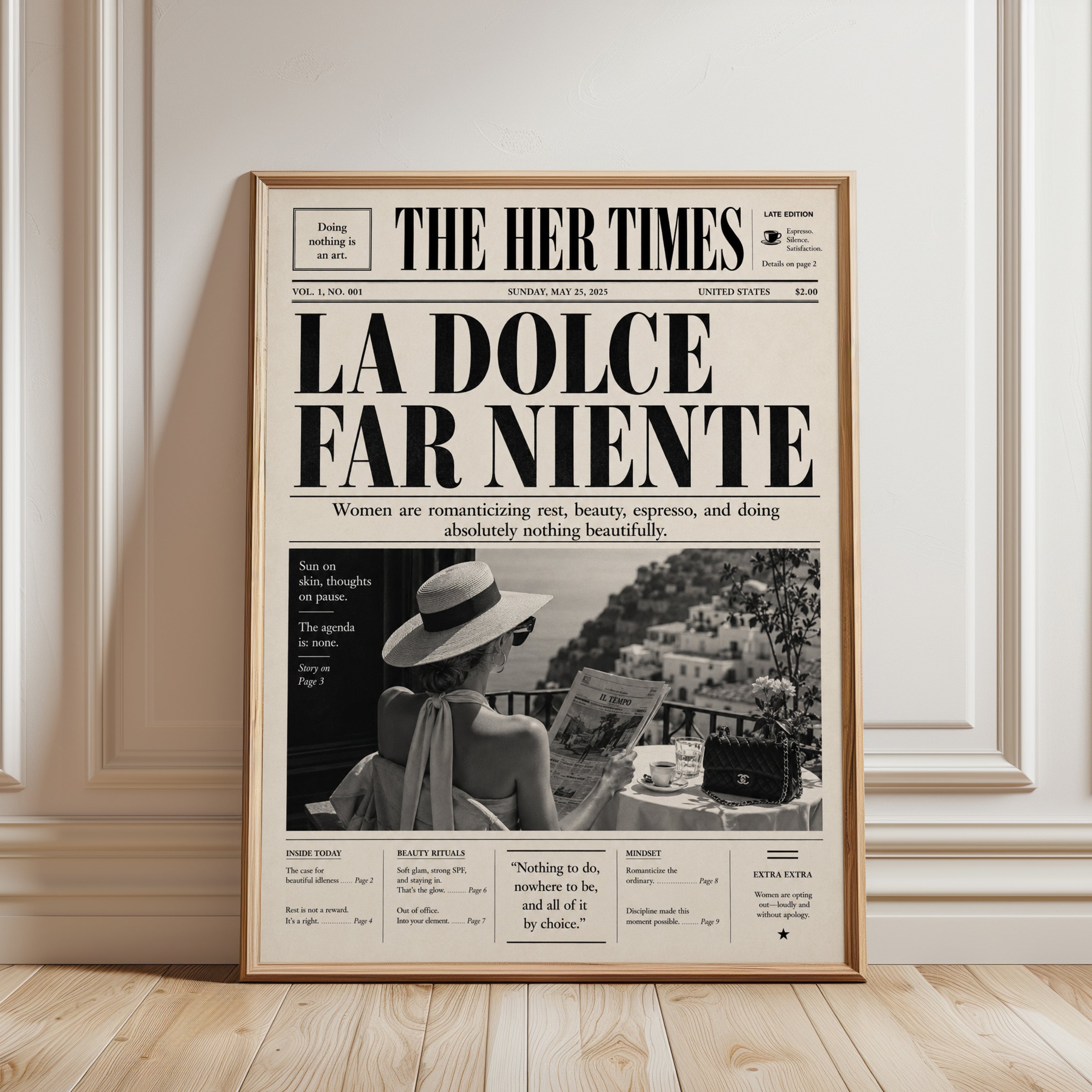 Newspaper Art Print: La Dolce Far Niente - framed detail