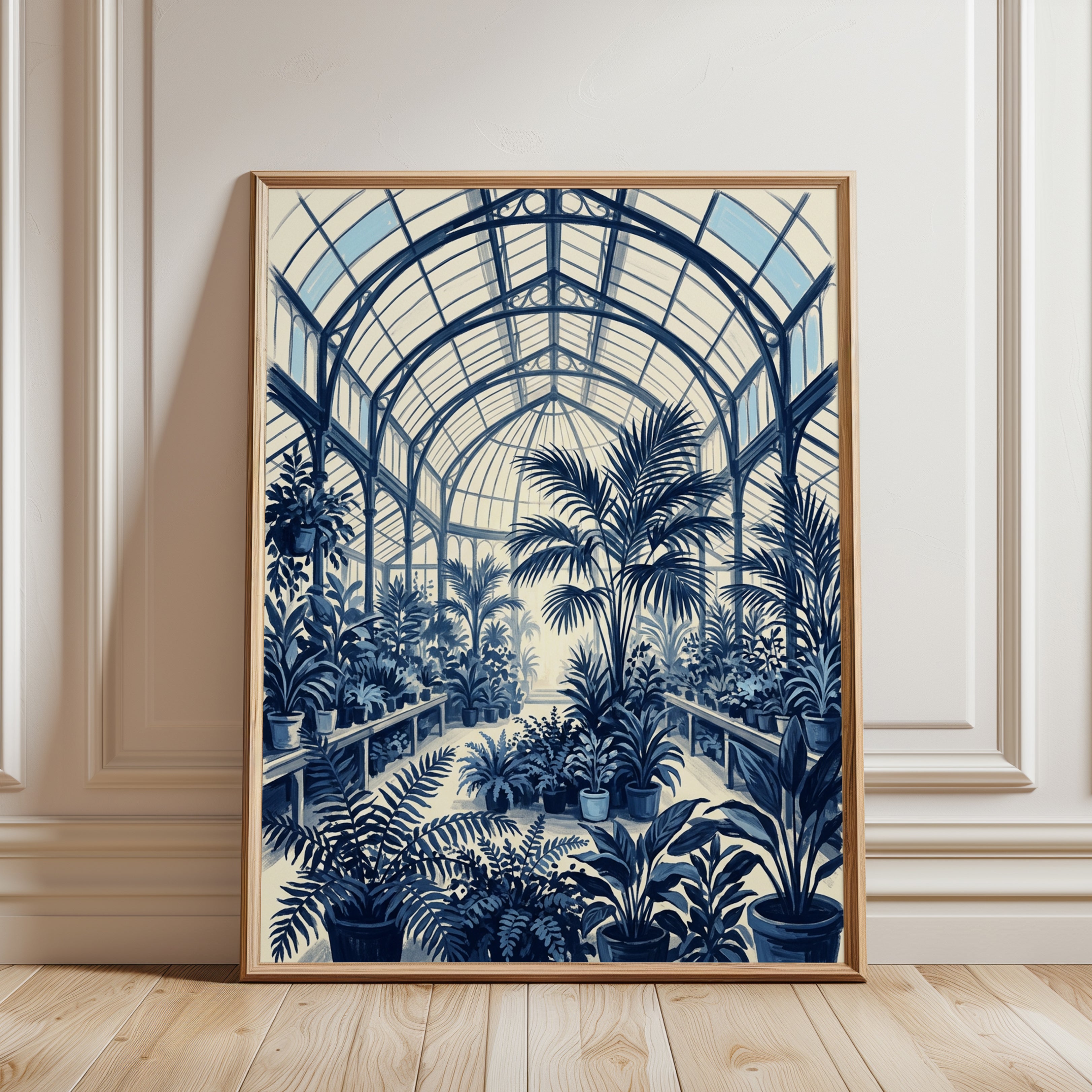 Victorian Conservatory Art Print: Blue Botanical Garden Interior - framed detail