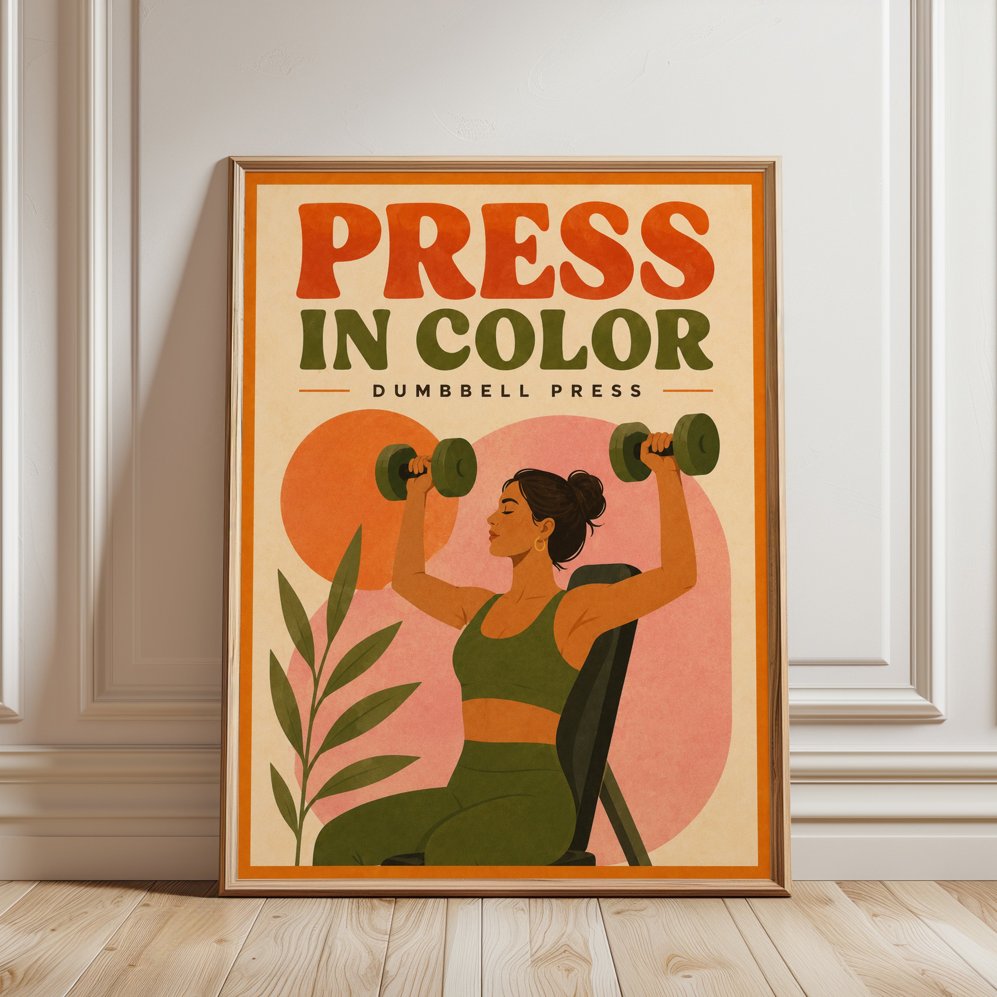 Dumbbell Press Fitness Poster: Retro Gym Art Print - framed detail
