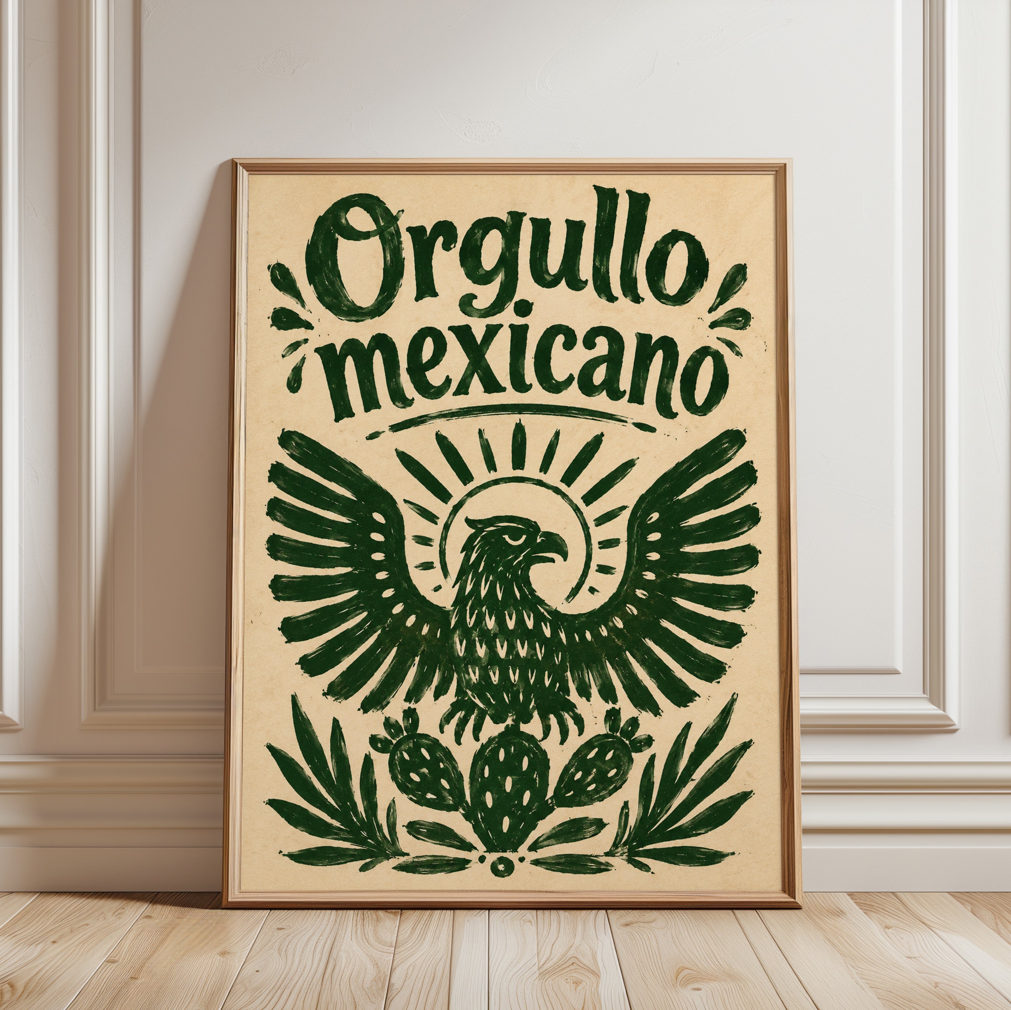 Mexican Eagle Folk Art Print: Vintage Green Typography Poster - framed detail
