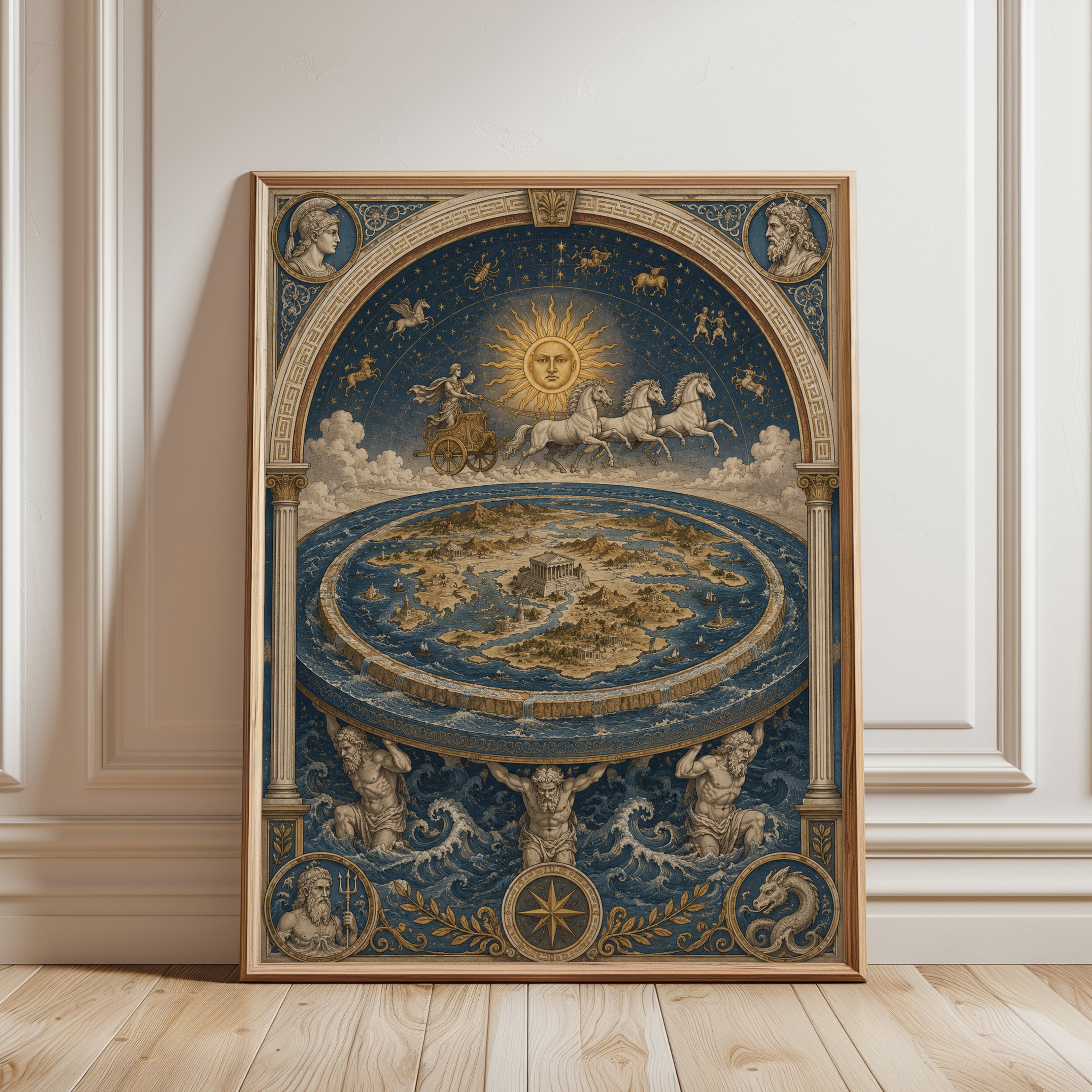 Flat Earth Cosmology Print: Renaissance Celestial Map Wall Art - framed detail