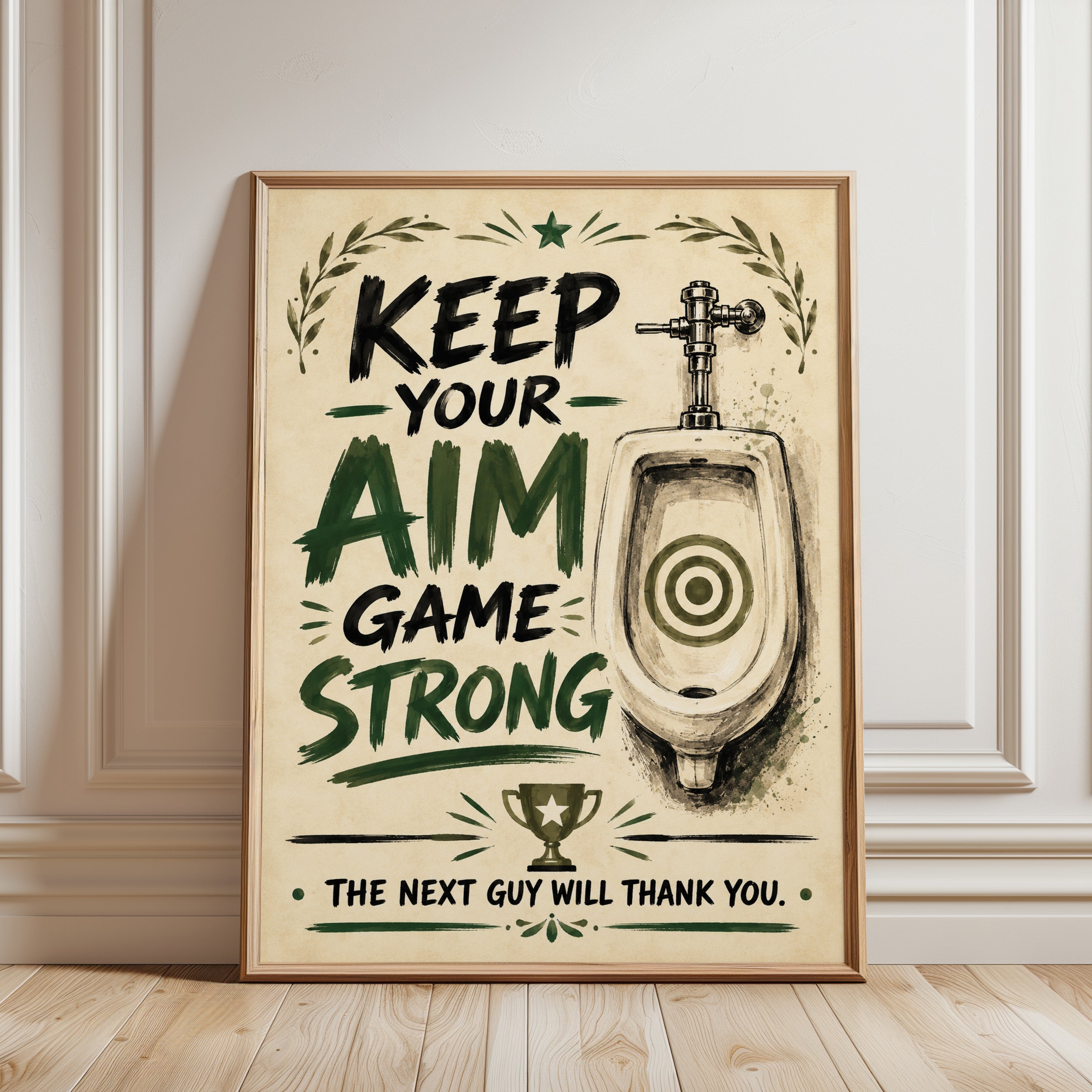Keep Your Aim Game Strong: Vintage Bathroom Humor Wall Art - framed detail