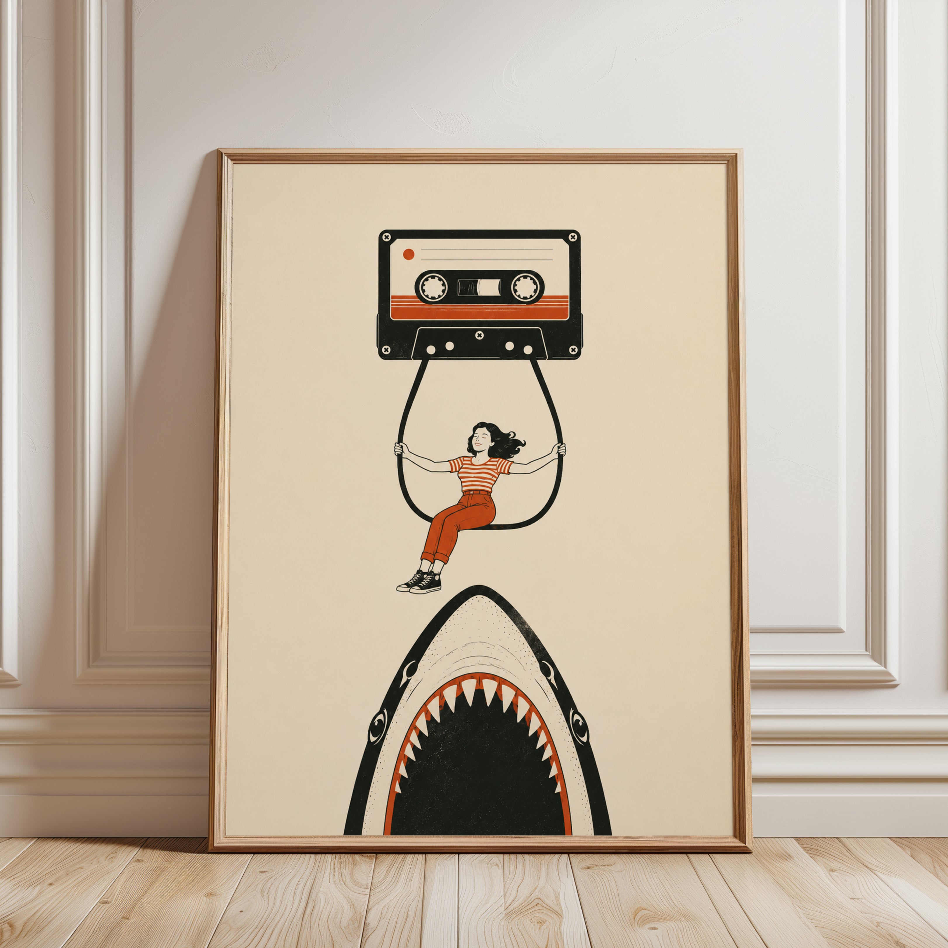 Cassette Tape Shark Illustration: Nostalgic Retro Wall Art - framed detail