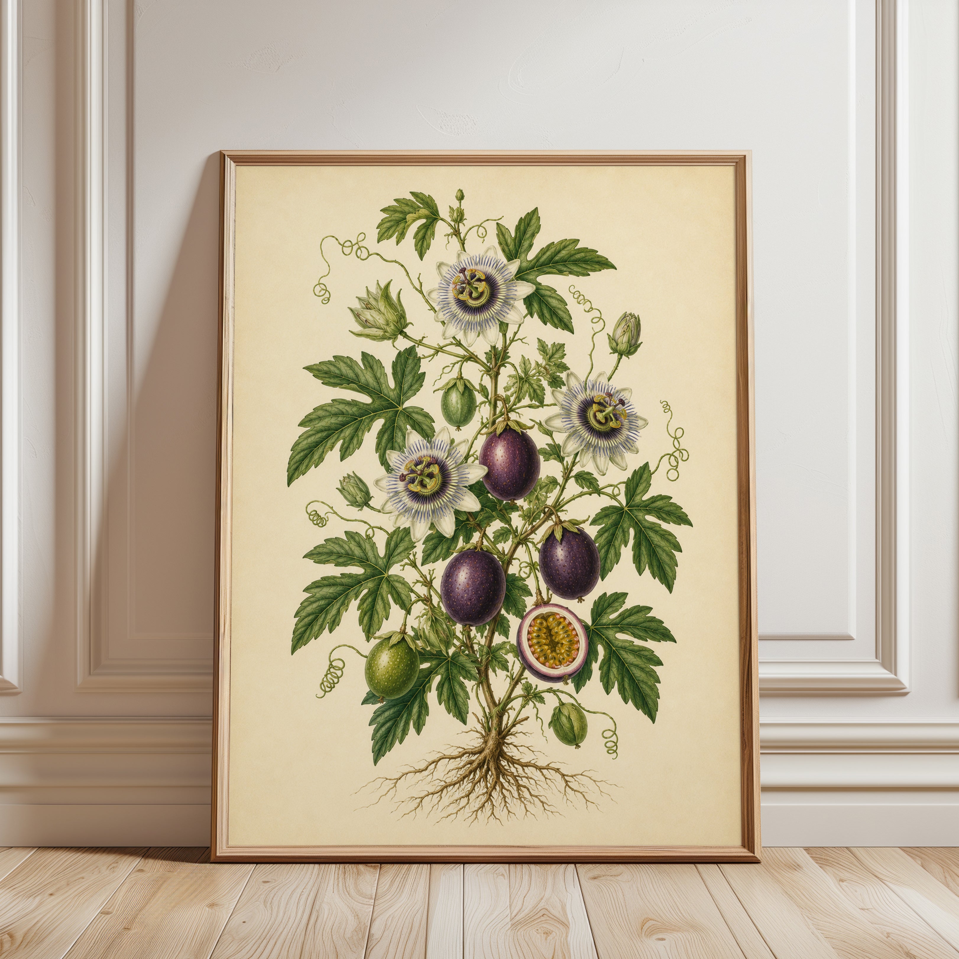 Passion Flower Botanical Print — Vintage Passionflower Illustration - framed detail