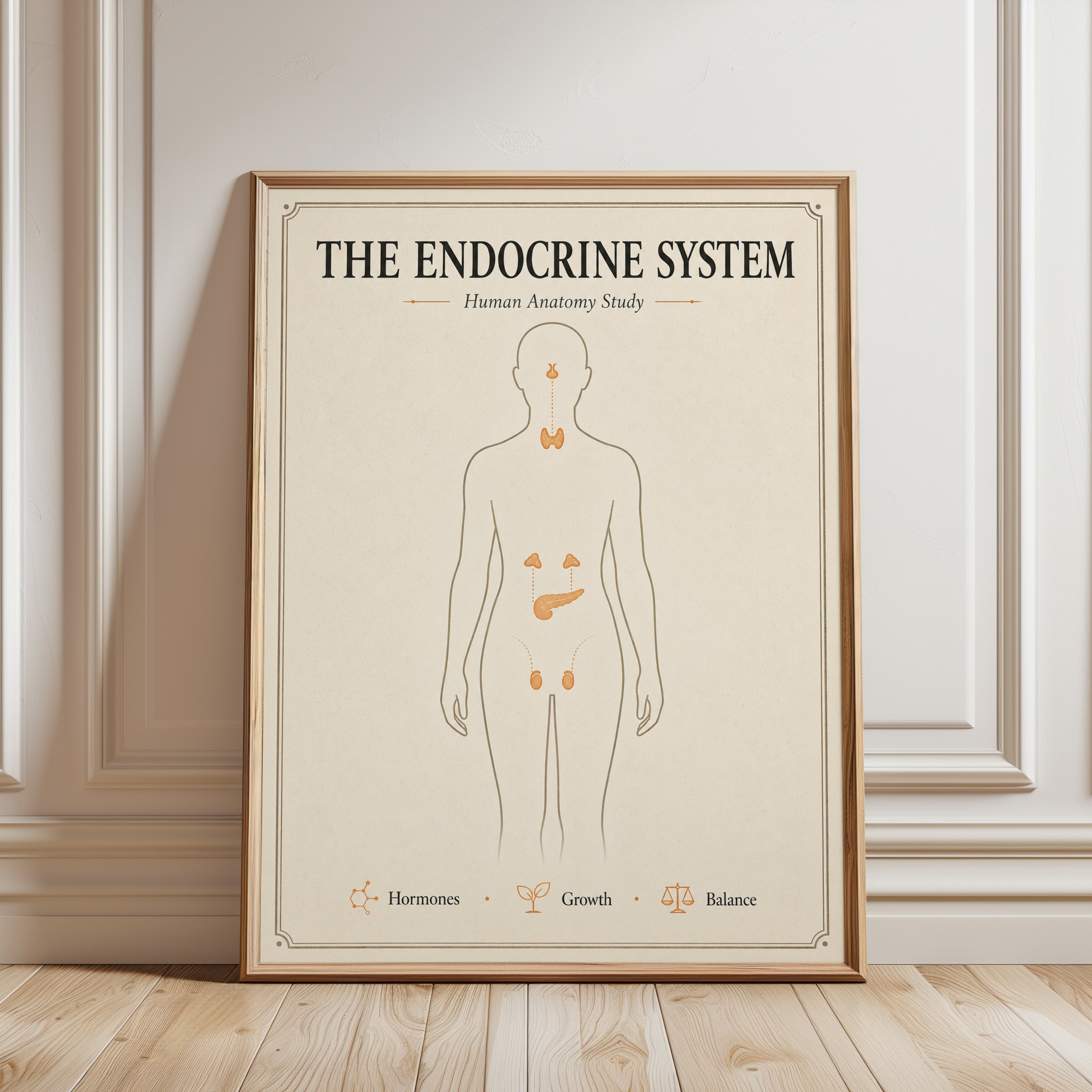 Endocrine System Anatomy Print — Vintage Educational Study Chart - framed detail