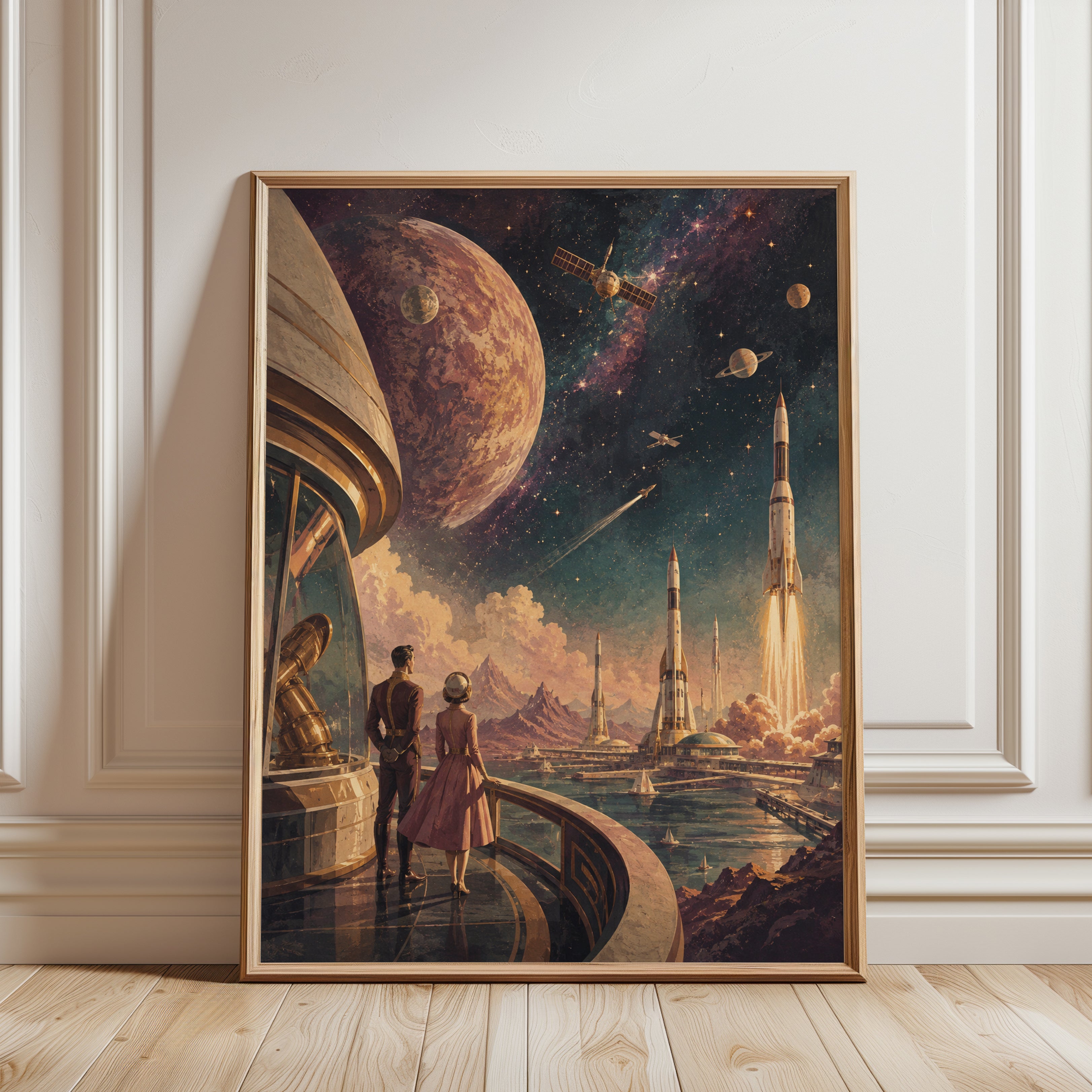 Retro Futuristic Space Colony Art Print: Golden Age Sci-Fi - framed detail