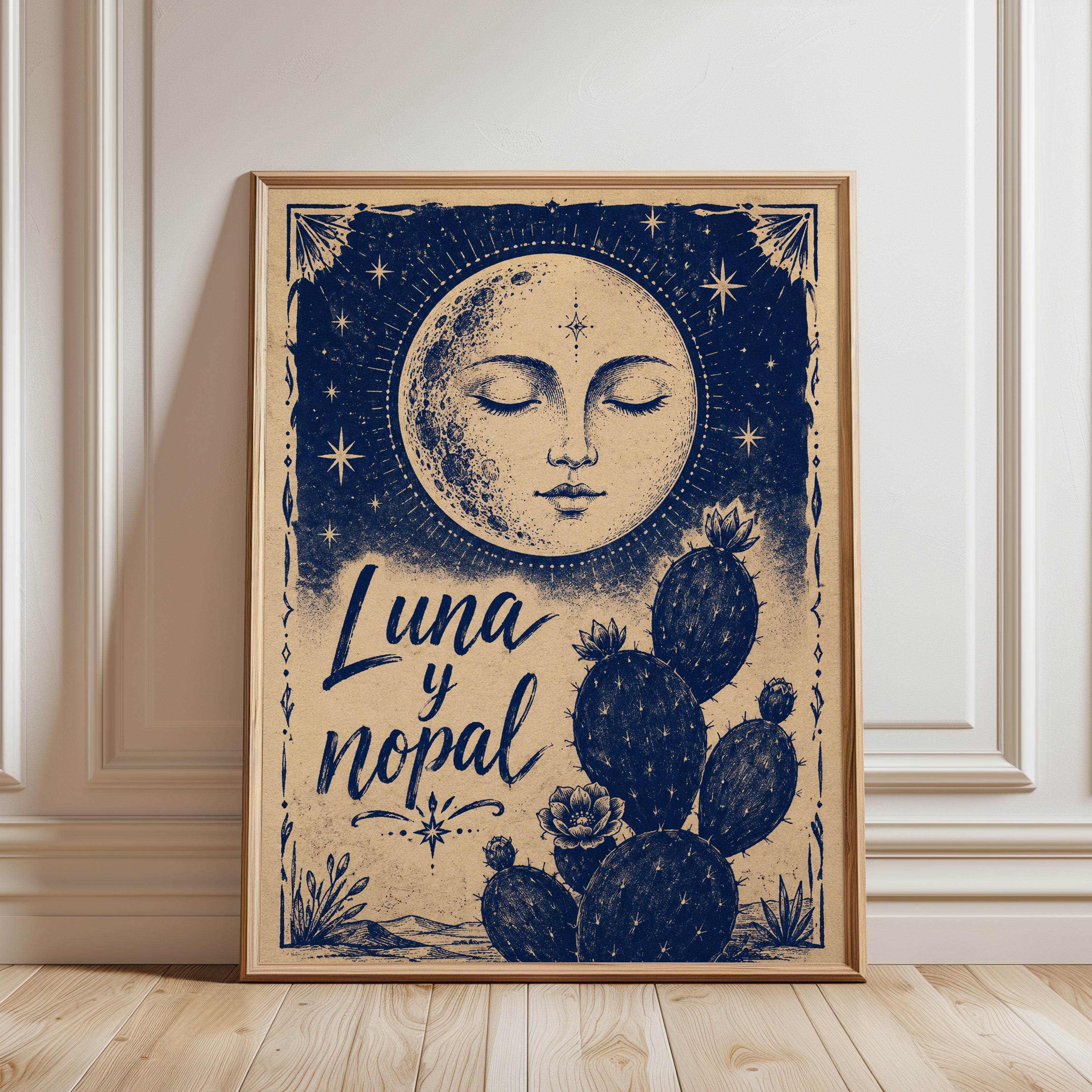 Moon Face and Cactus Wall Art: Celestial Blue Vintage Poster - framed detail