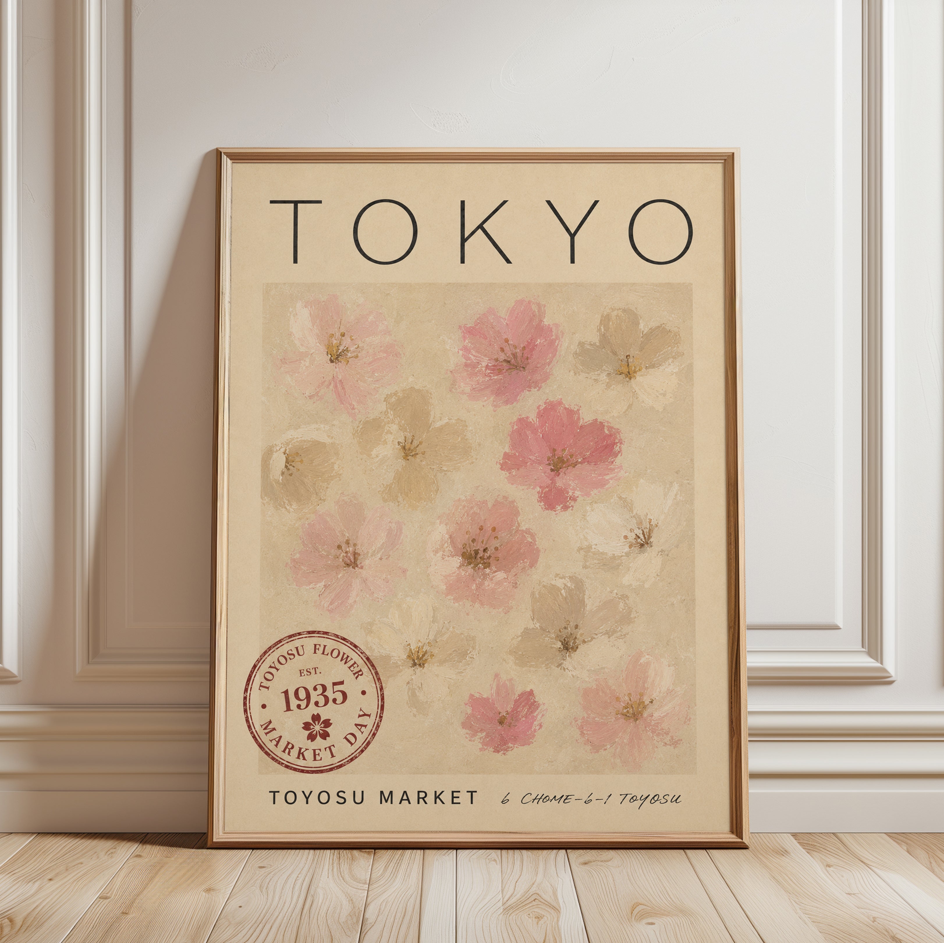 Tokyo Travel Poster – Cherry Blossom Wall Art - framed detail