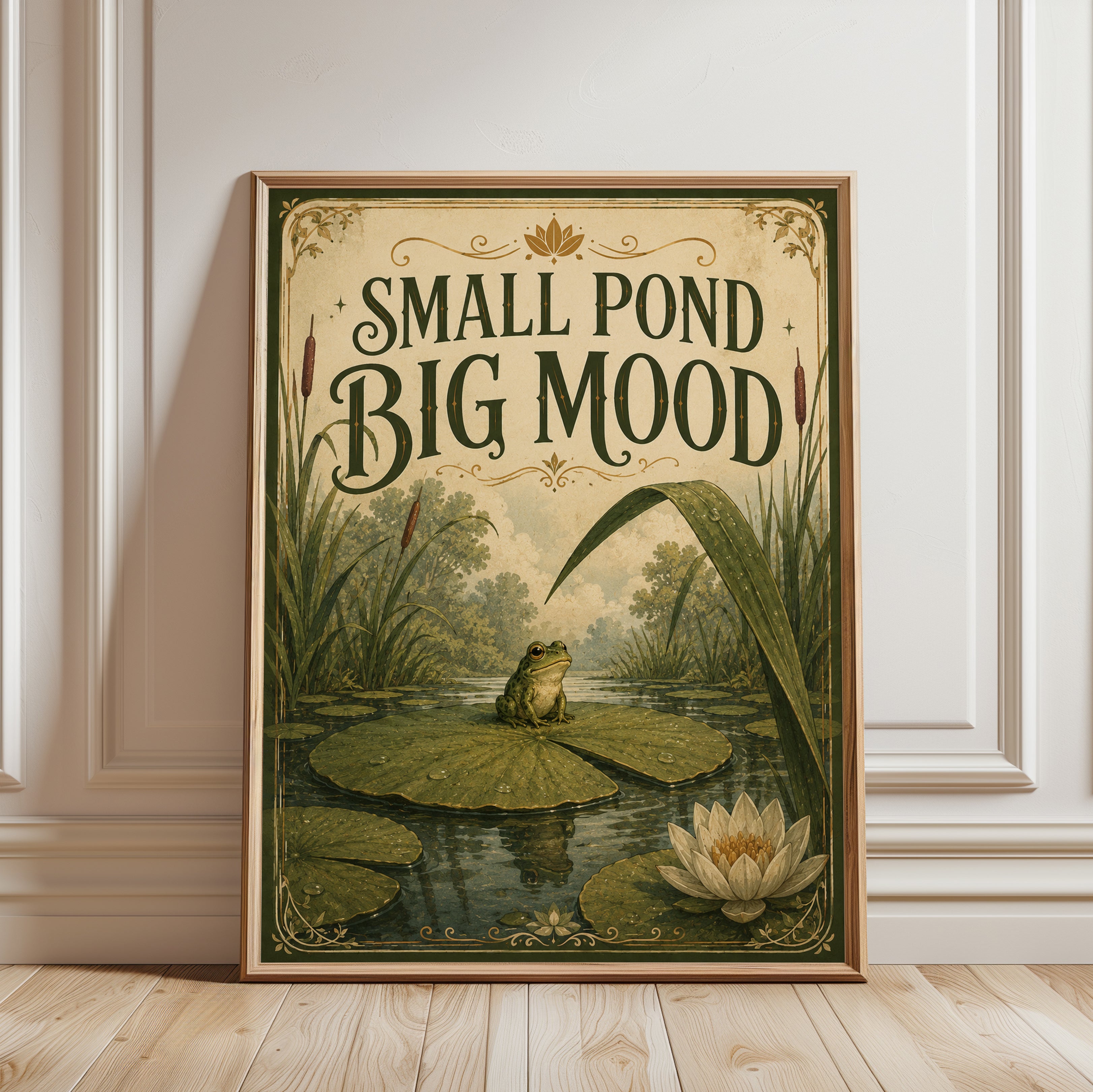 Vintage Frog on Lily Pad Poster: Art Nouveau Pond Scene - framed detail
