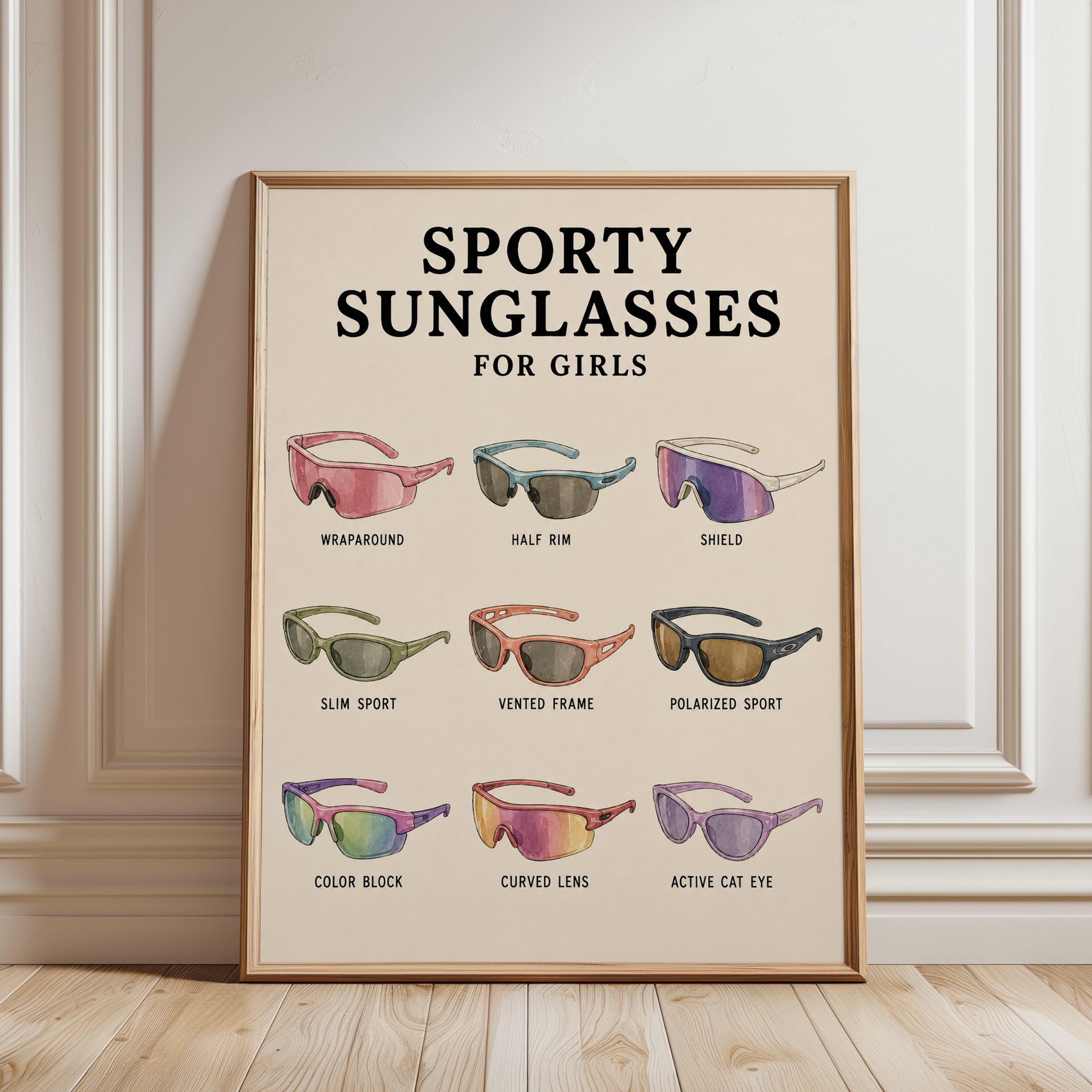Sporty Sunglasses for Girls Art Print: Vintage Guide Poster - framed detail
