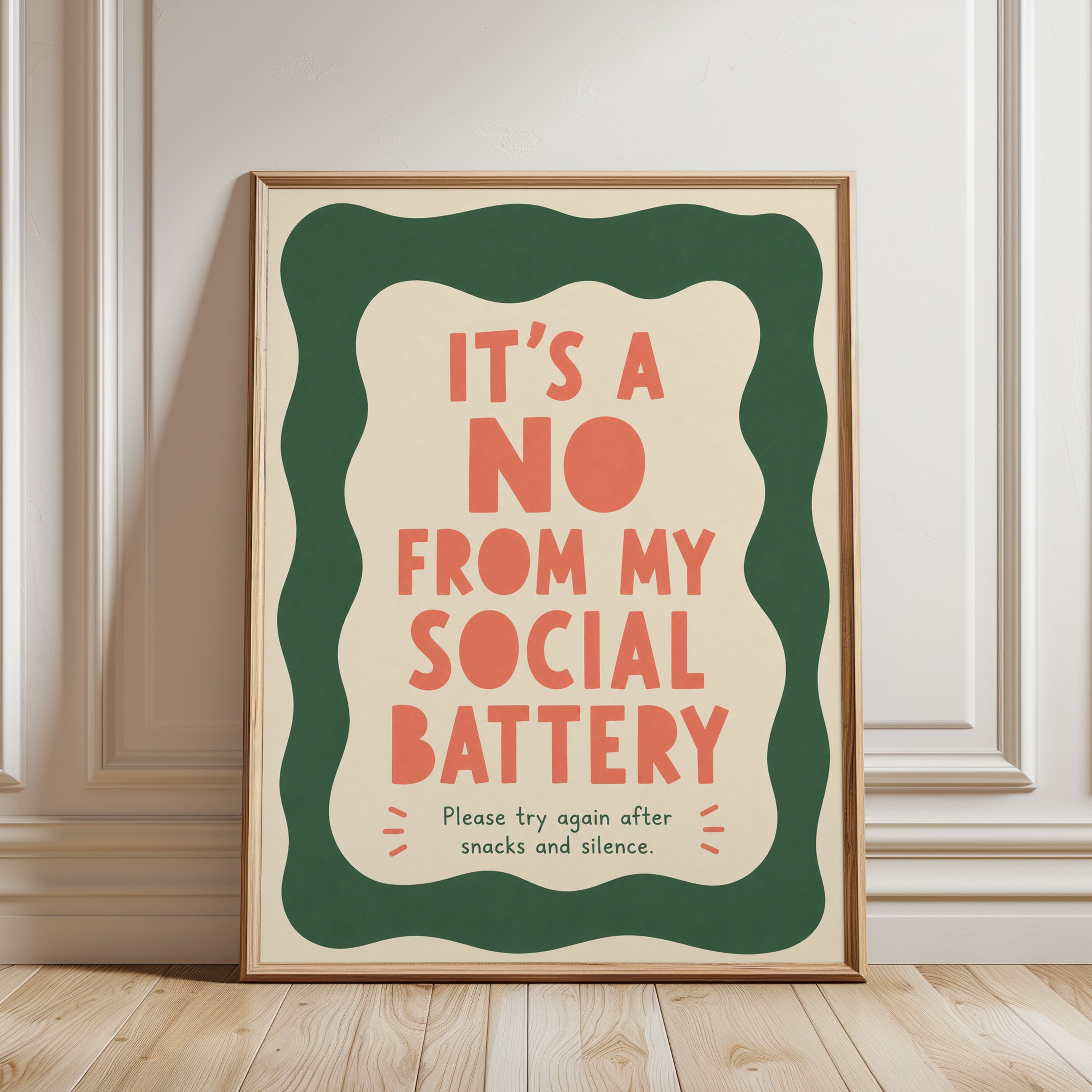 Funny Introvert Wall Art Print: Social Battery Quote in Coral & Green - framed detail