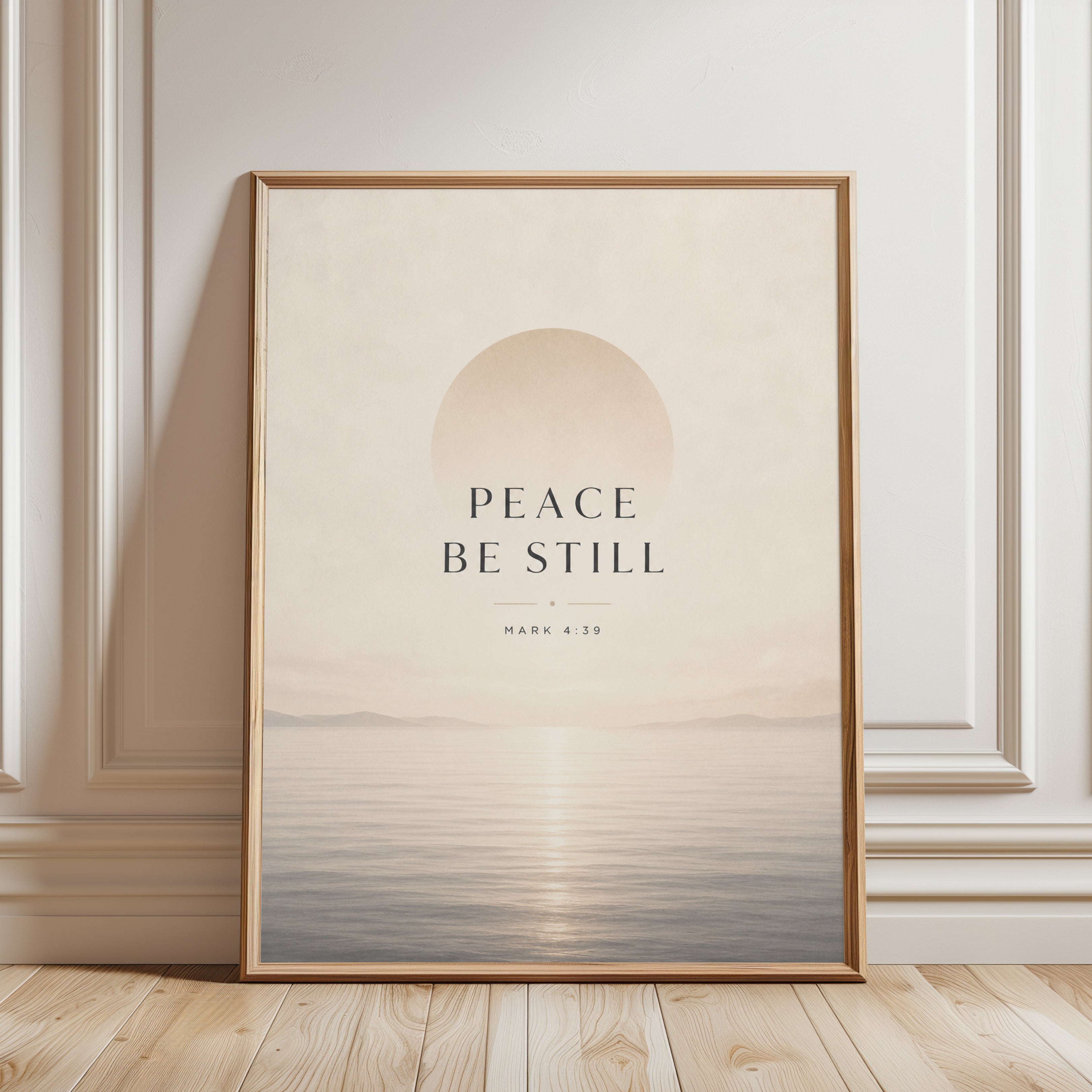 Peace Be Still Ocean Print: Minimalist Beige Biblical Wall Art - framed detail