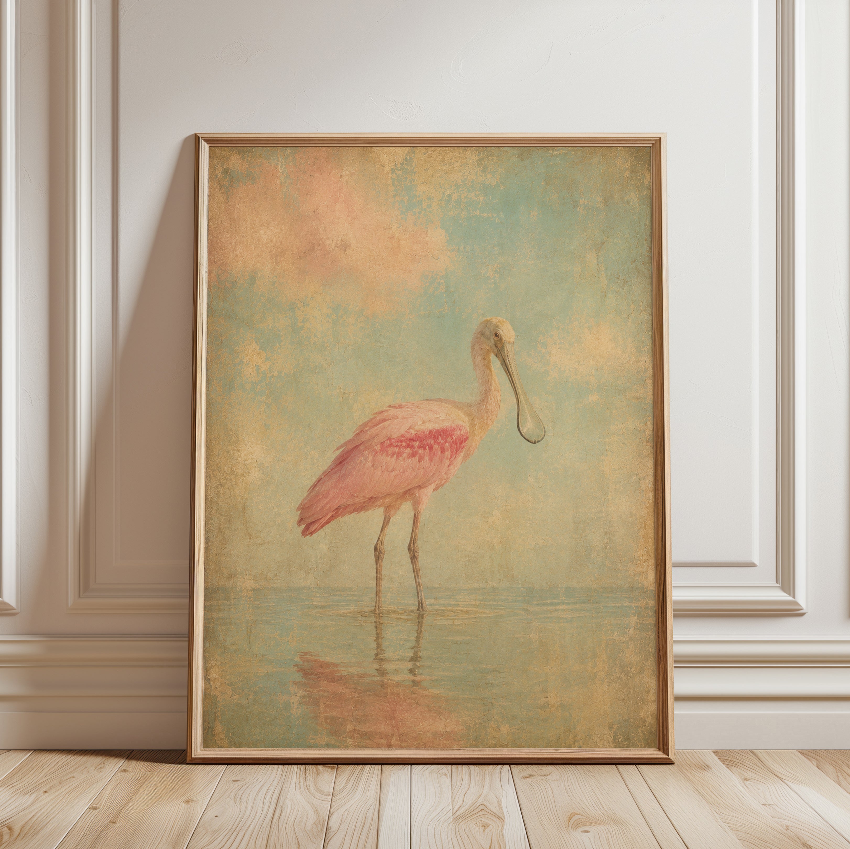 Roseate Spoonbill Print – Vintage Bird Wall Art - framed detail