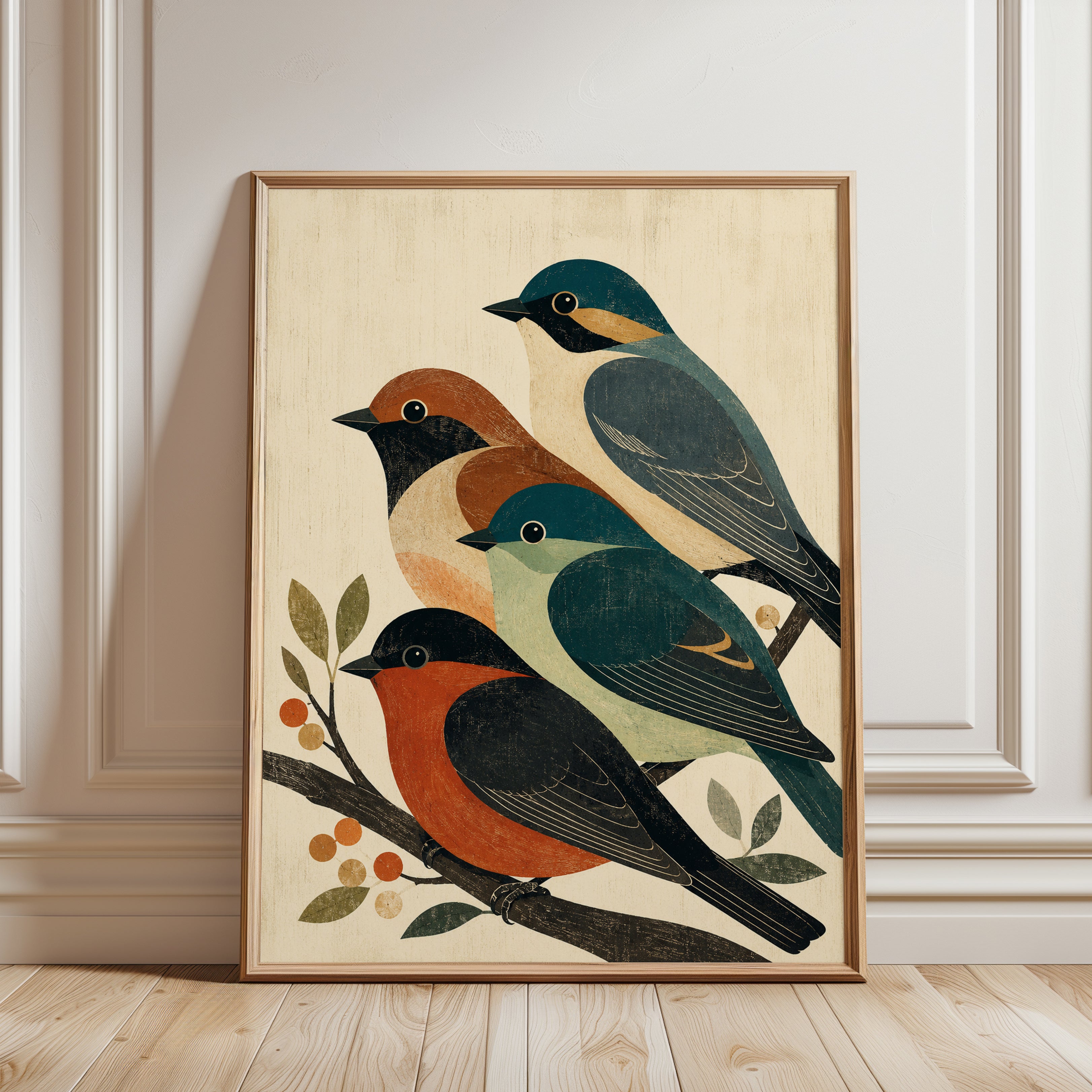 Vintage Birds on Branch Print: Mid-Century Folk Art Design - framed detail