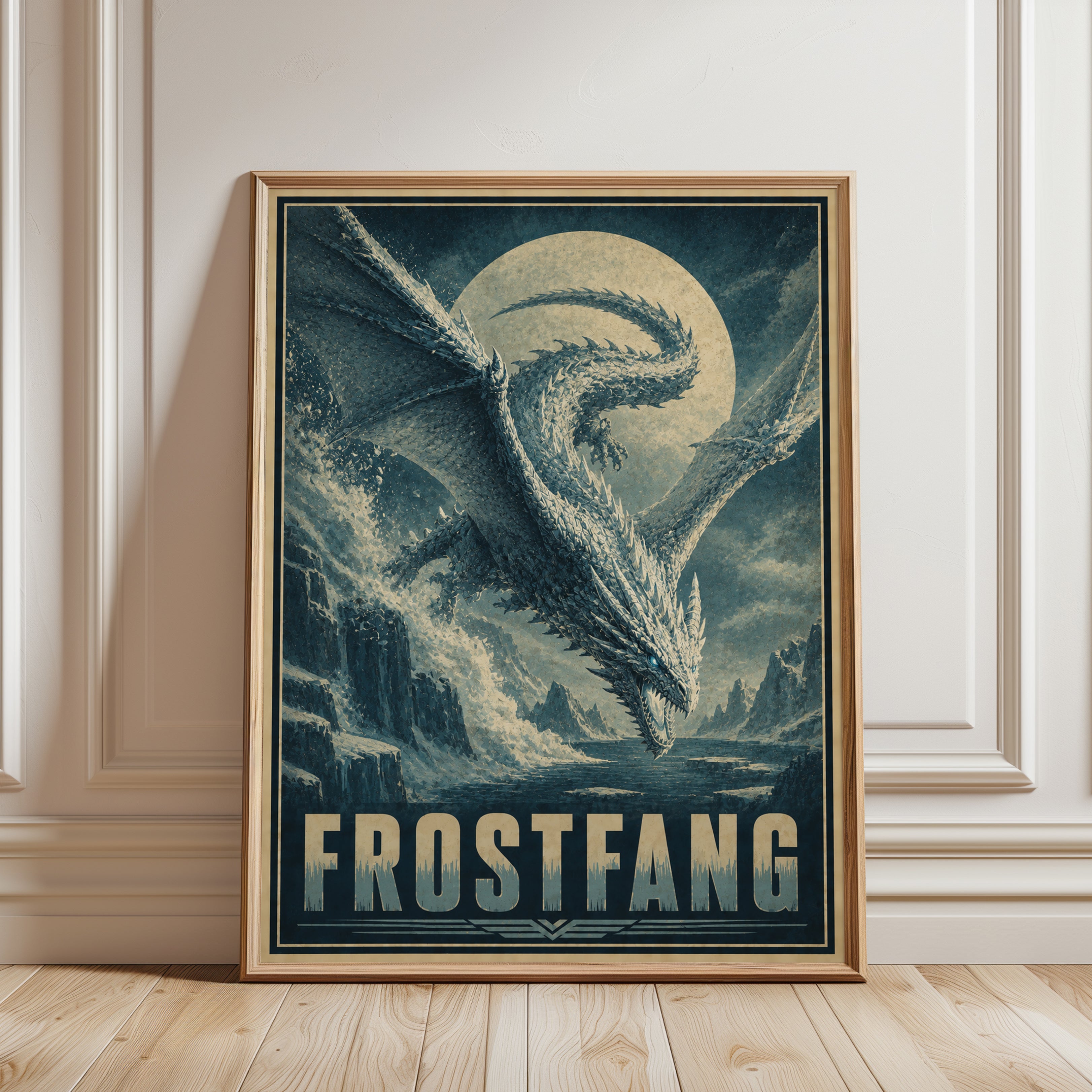Frostfang Dragon Poster: Vintage Fantasy Art in Ice Blue - framed detail
