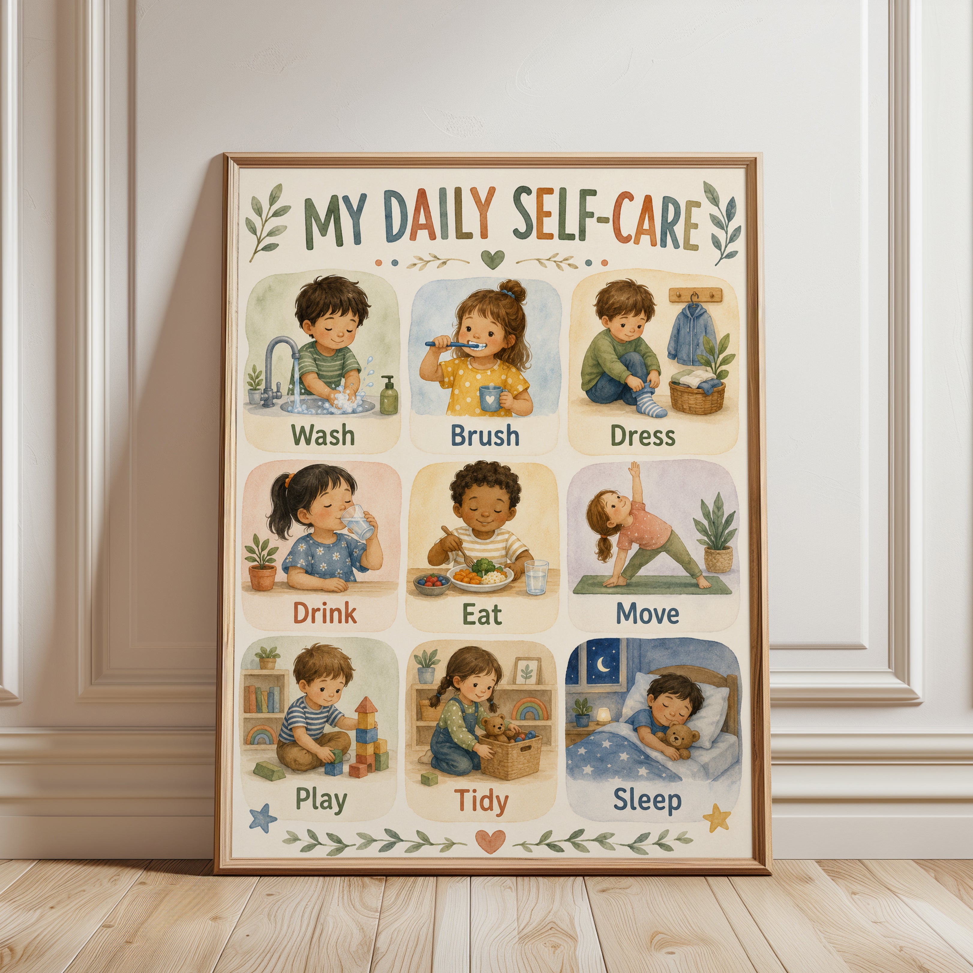 Self-Care Chart for Kids: Watercolor Daily Routine Poster - framed detail