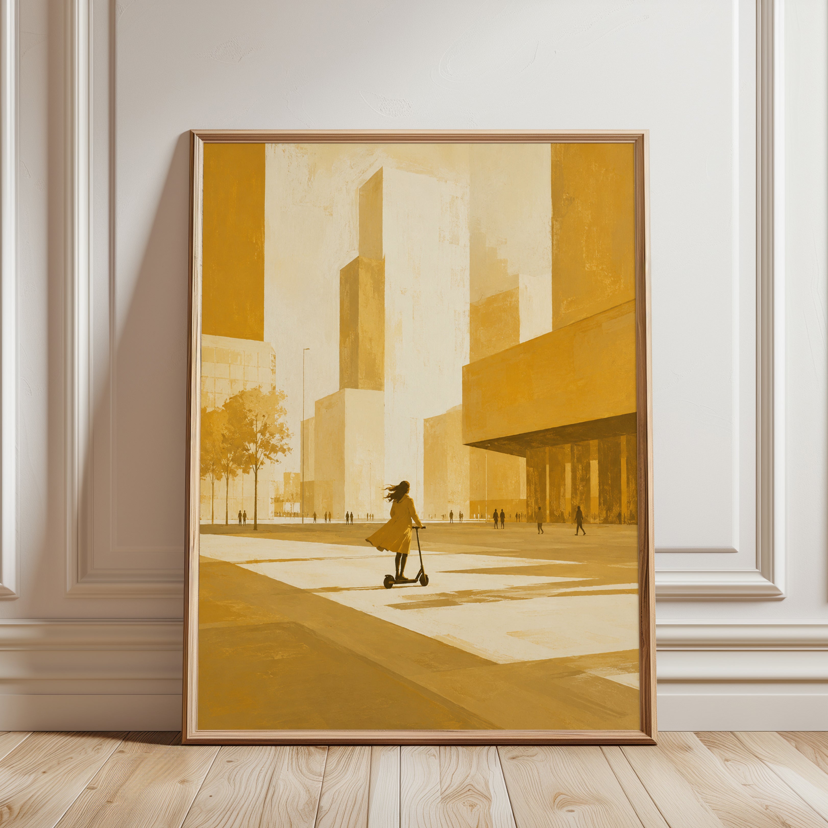 Modern Urban Cityscape: Golden Yellow Minimalist Architecture Print - framed detail