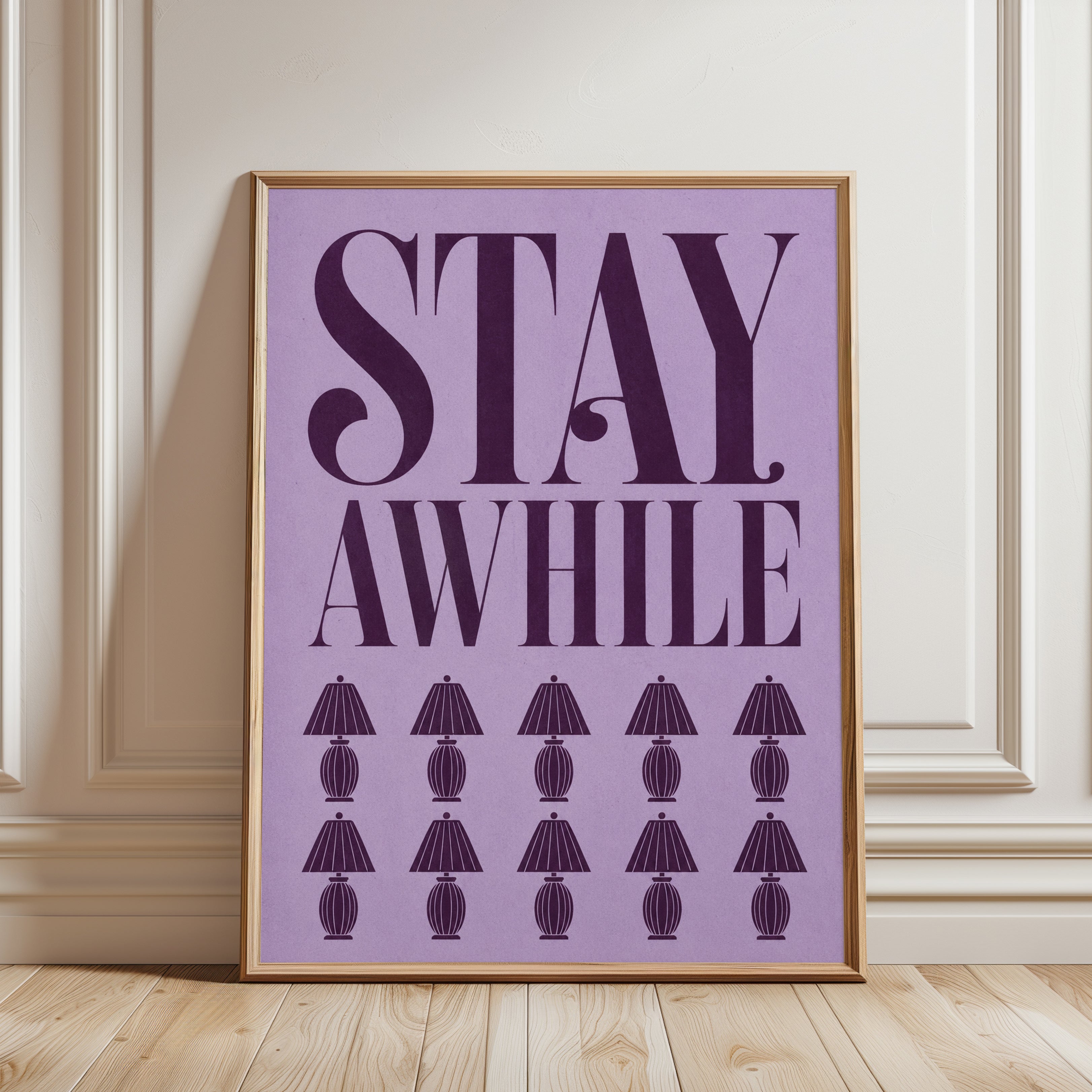 Stay Awhile Print: Retro Typography with Vintage Lamps - framed detail