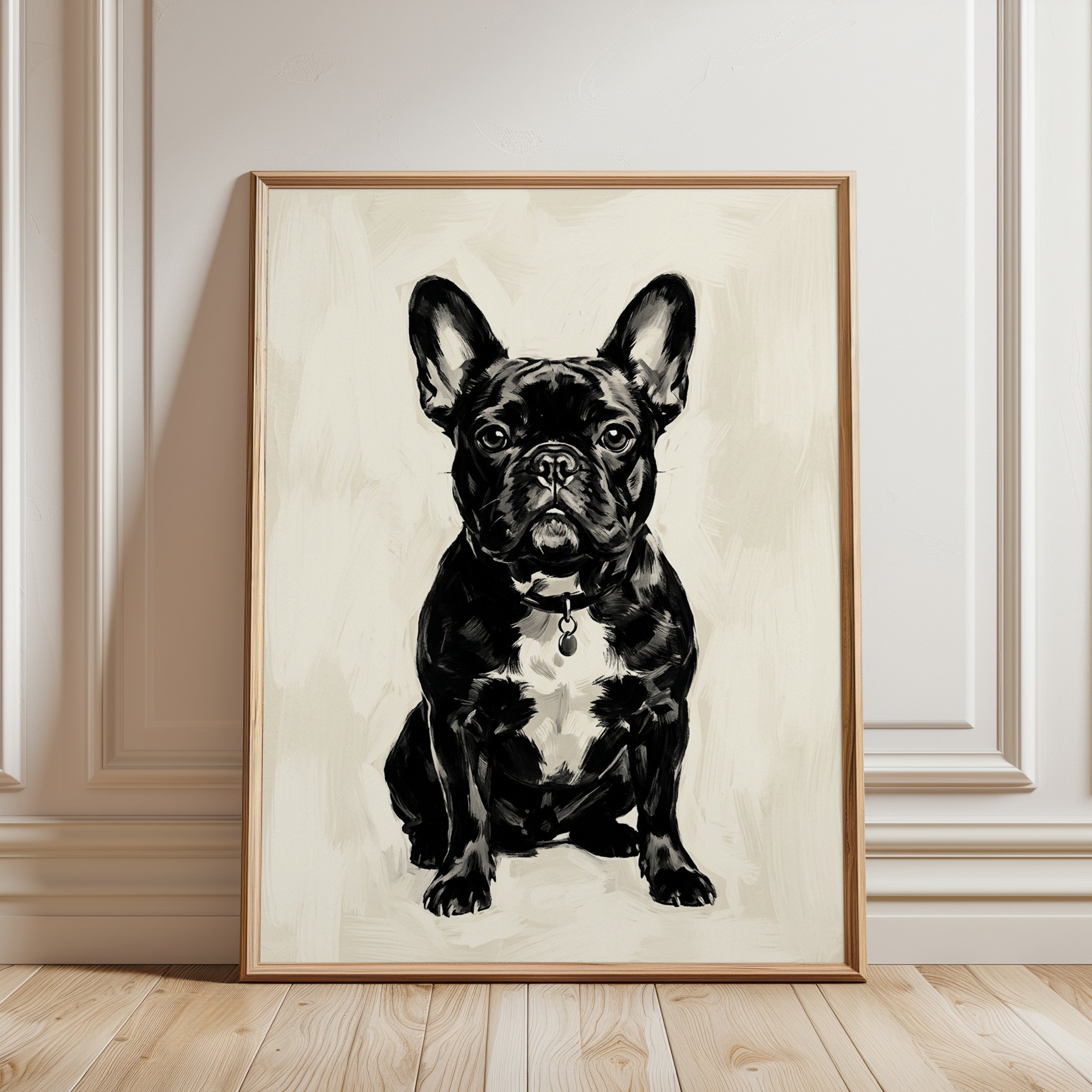 French Bulldog Portrait: Black and White Dog Art Print - framed detail