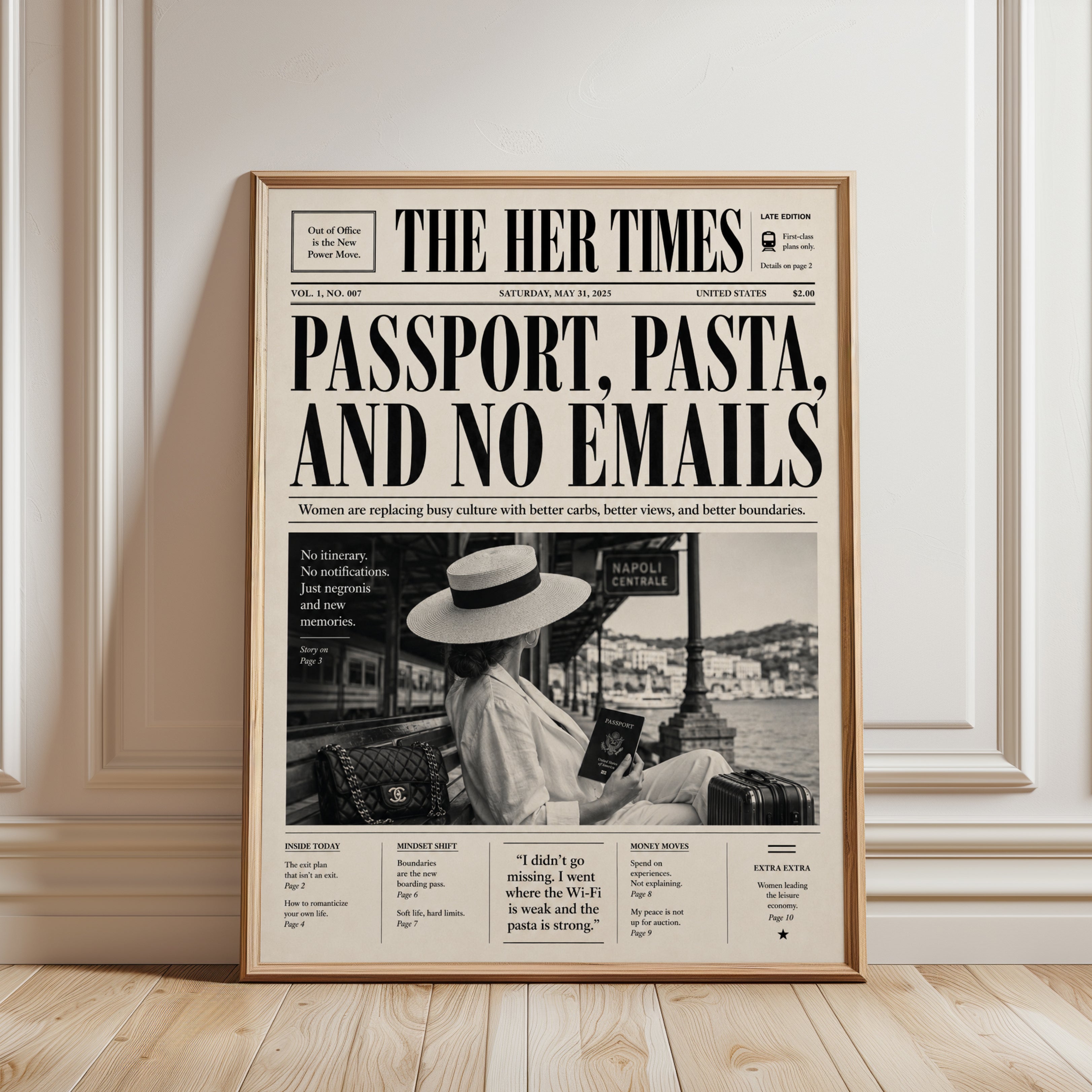 Travel Wall Art: Vintage Newspaper Style - framed detail