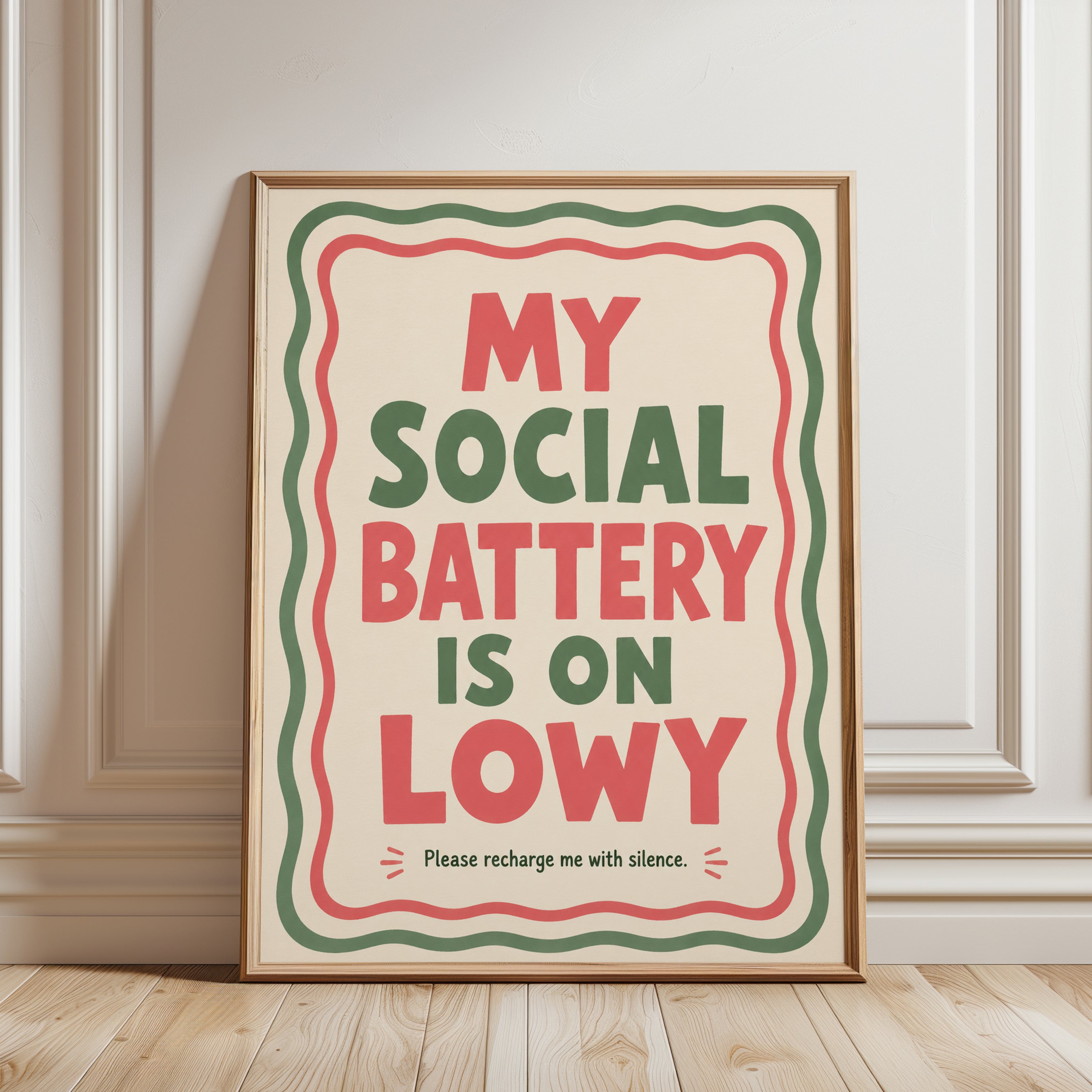 Social Battery Low Typography Print: Retro Humor Wall Art - framed detail