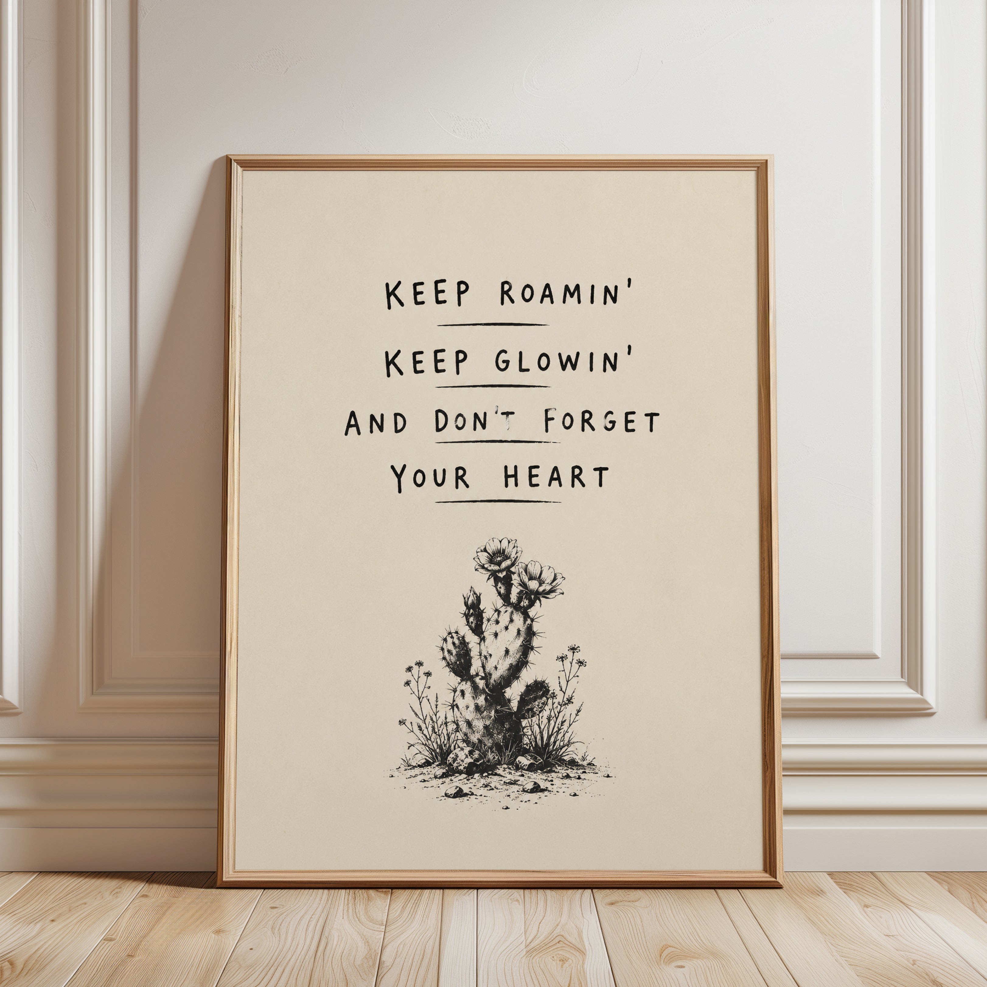 Keep Roamin Cactus Print: Motivational Desert Typography Wall Art - framed detail