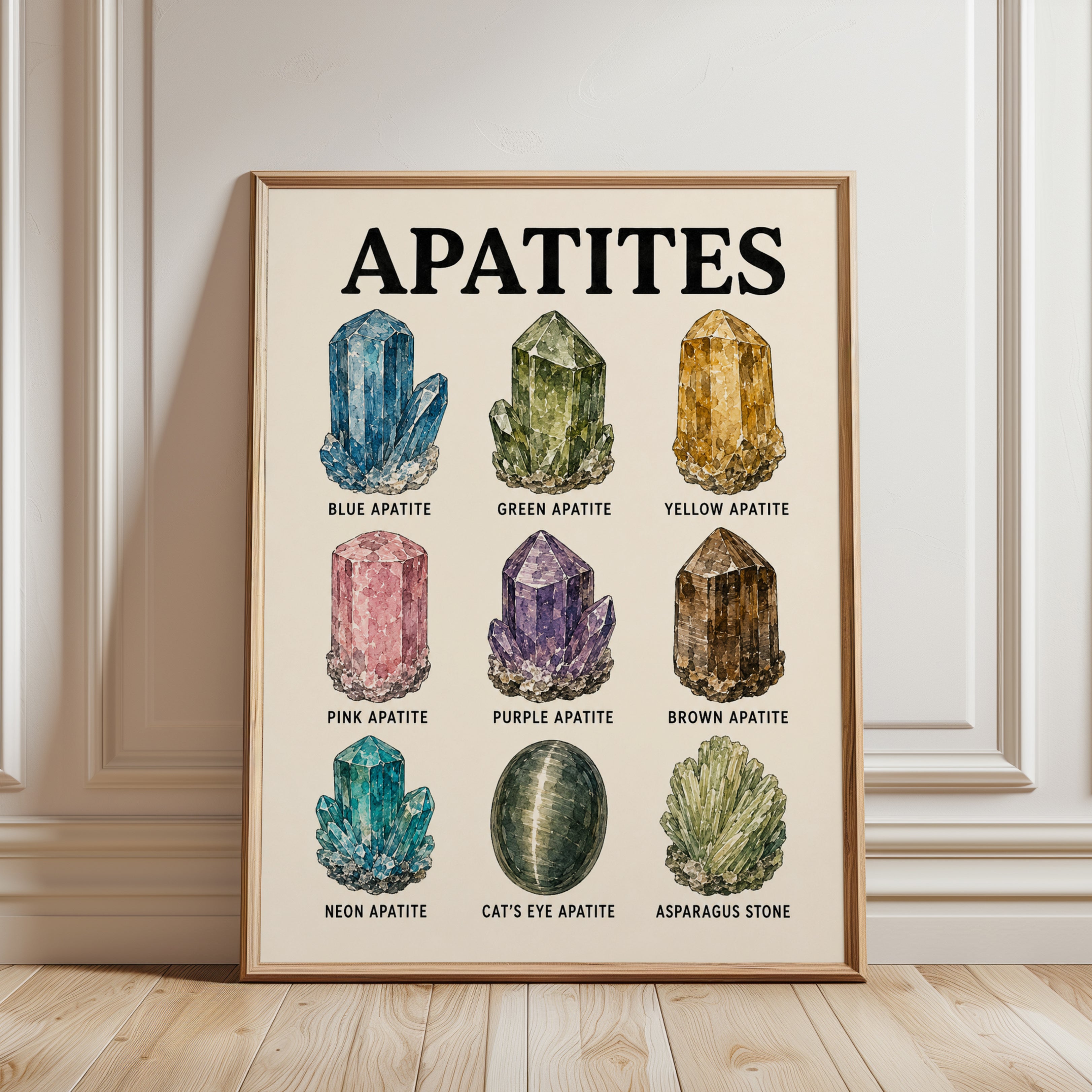 Apatite Gemstone Chart Print: Vintage Mineralogy Wall Art - framed detail