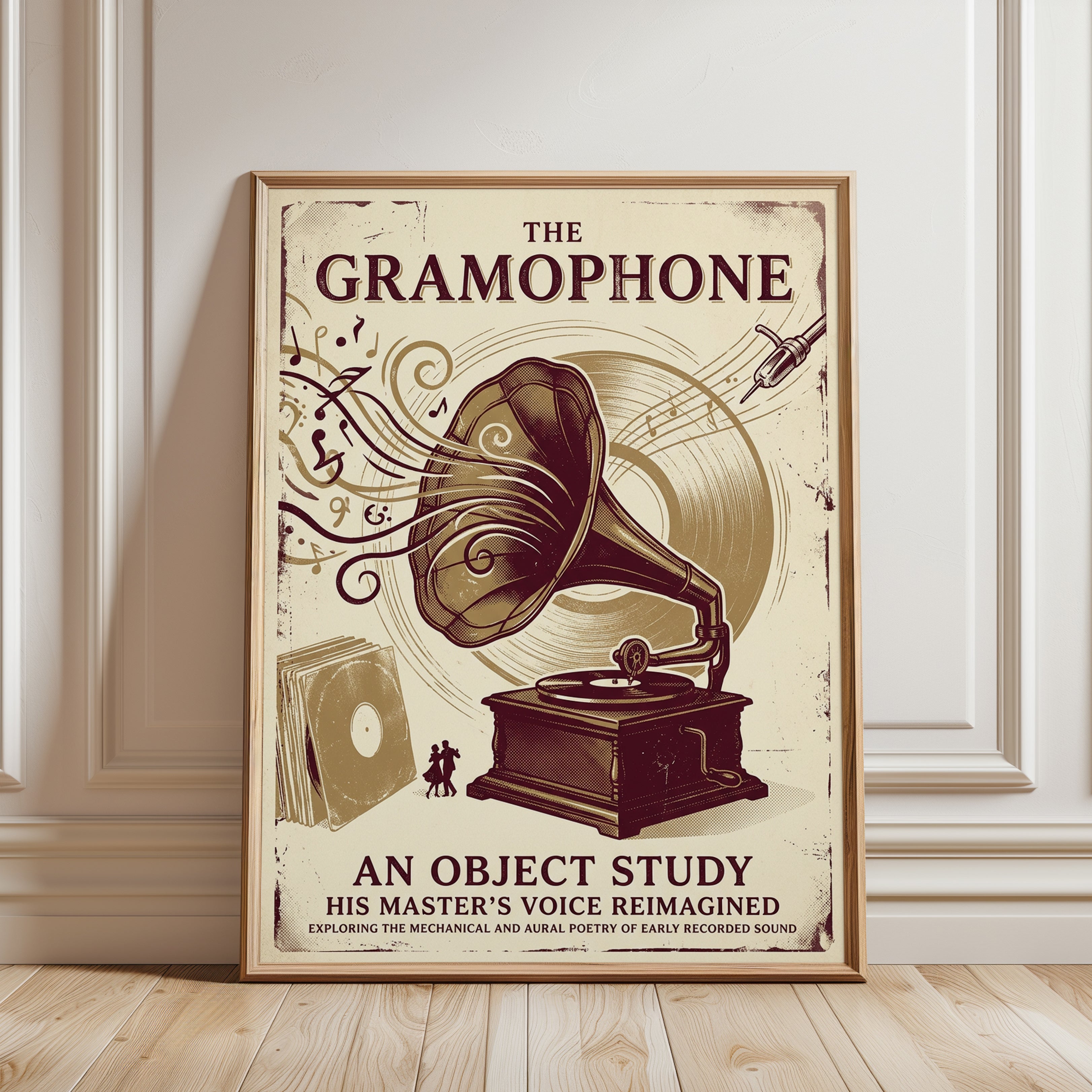 Vintage Gramophone Art Print: Art Nouveau Music Poster Design - framed detail