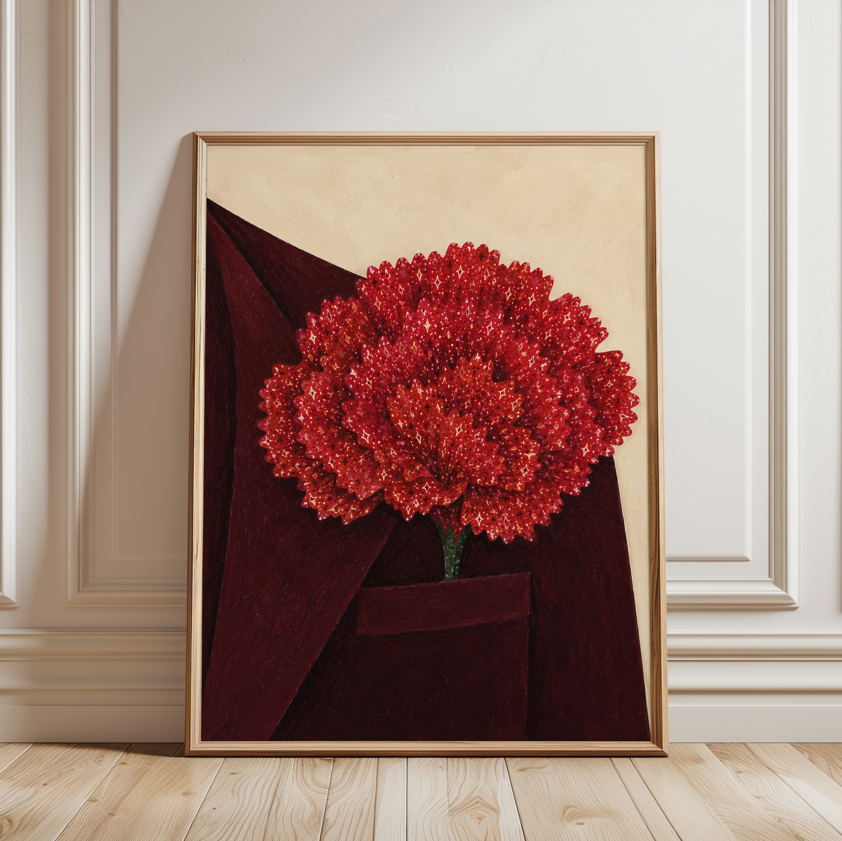 Red Flower Wall Art – Vintage Floral Print - framed detail