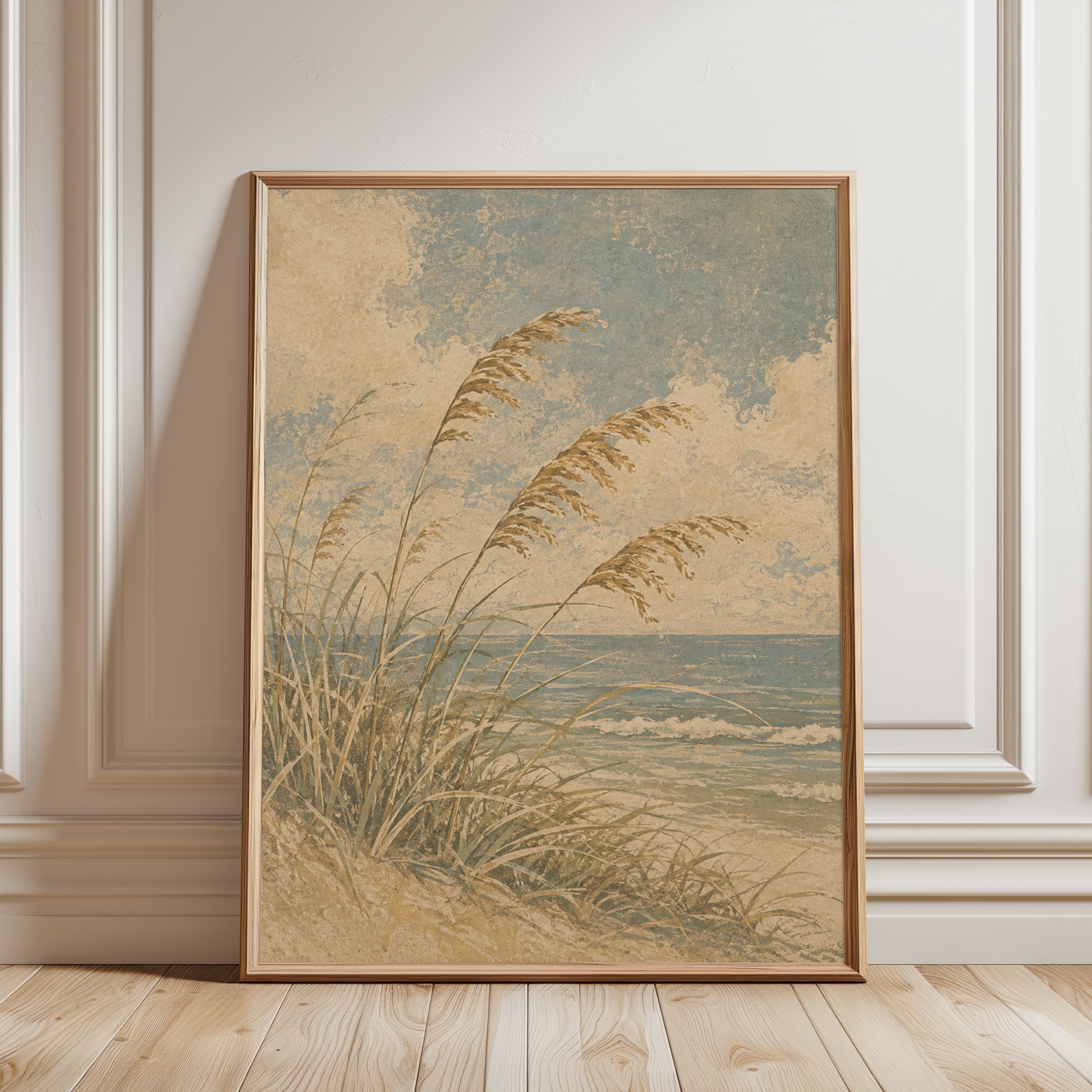 Coastal Grass Wall Art – Vintage Beach Print - framed detail