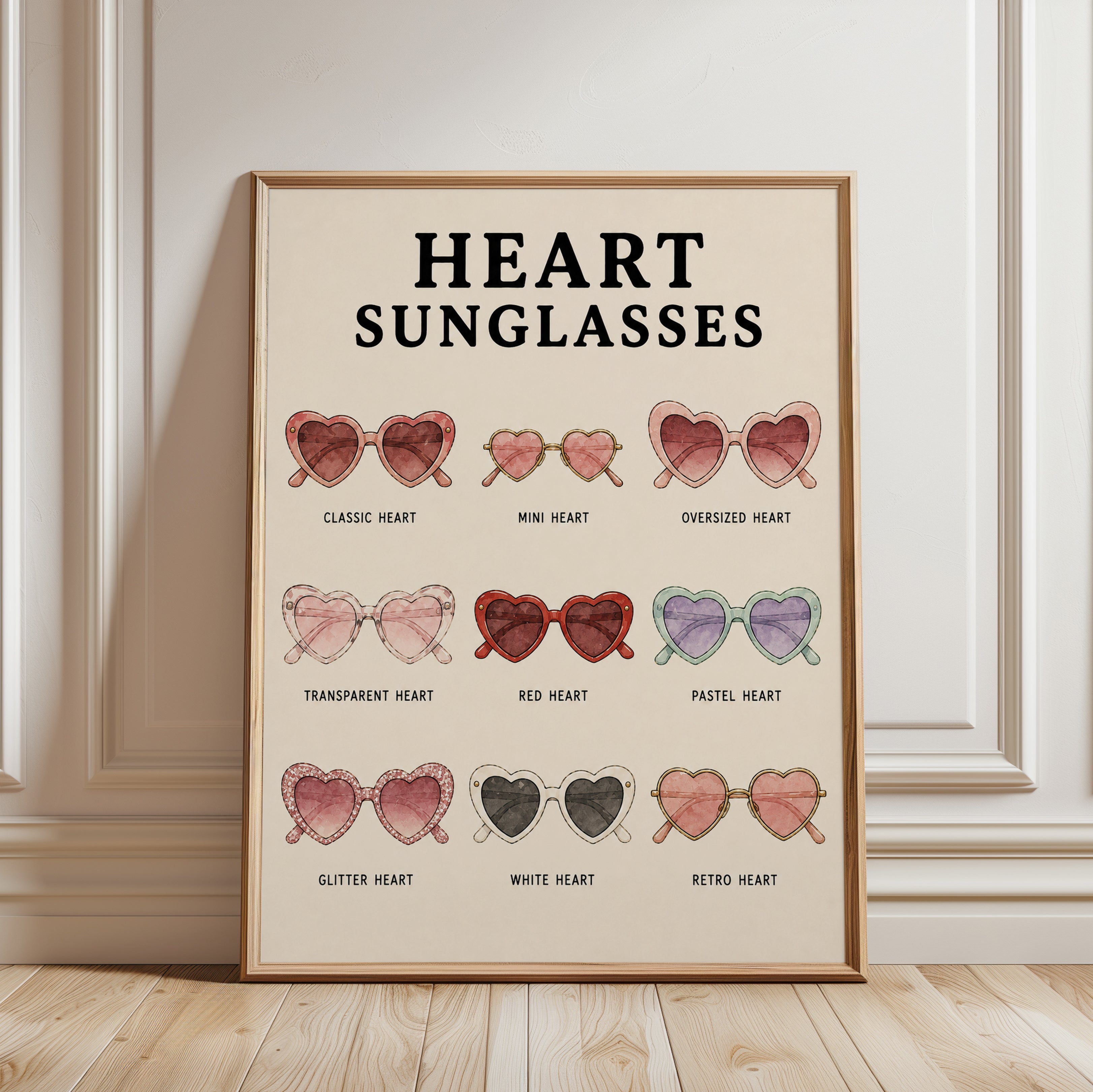 Heart Sunglasses Print — Retro Fashion Illustration - framed detail