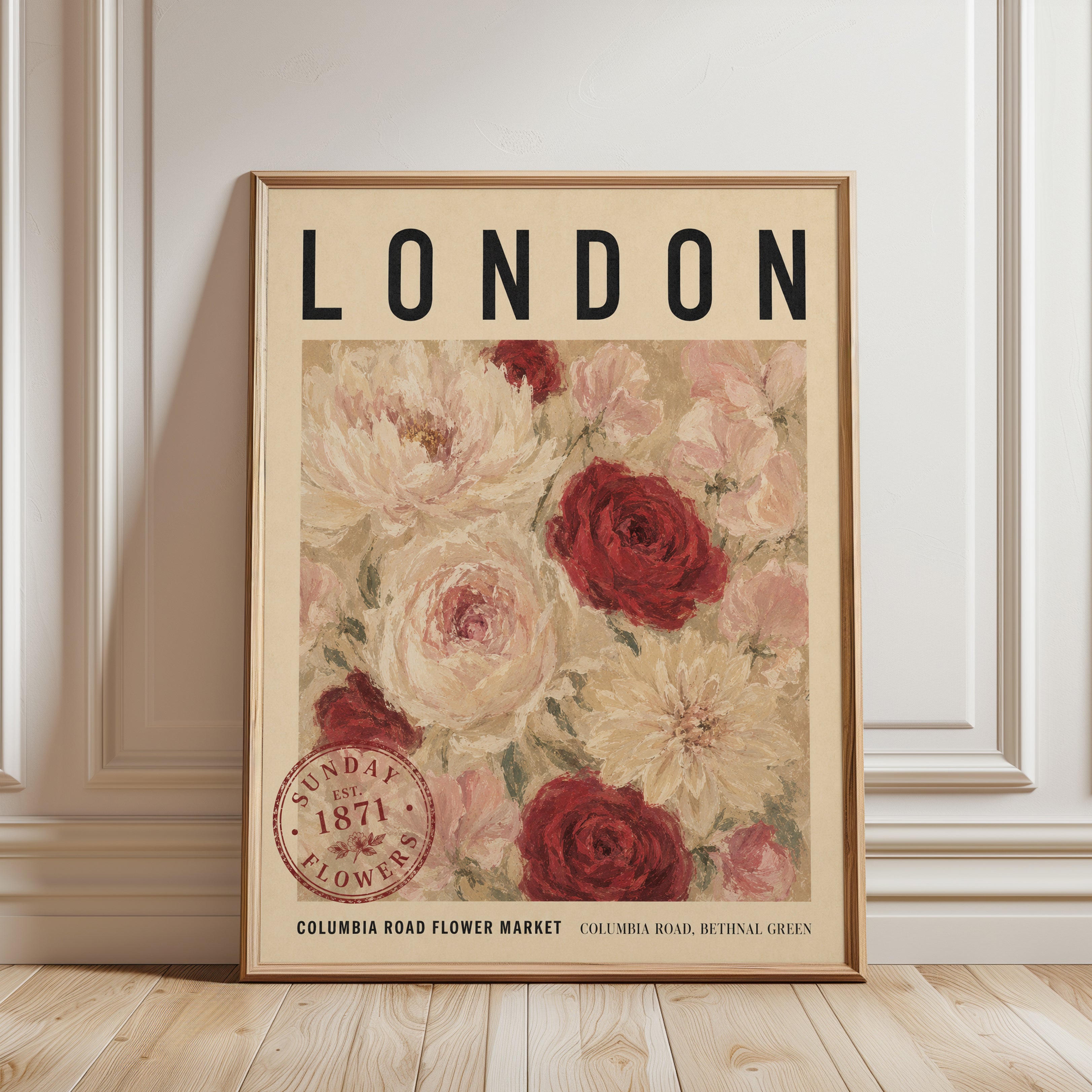 London Flower Market Poster: Vintage Floral Rose Art - framed detail