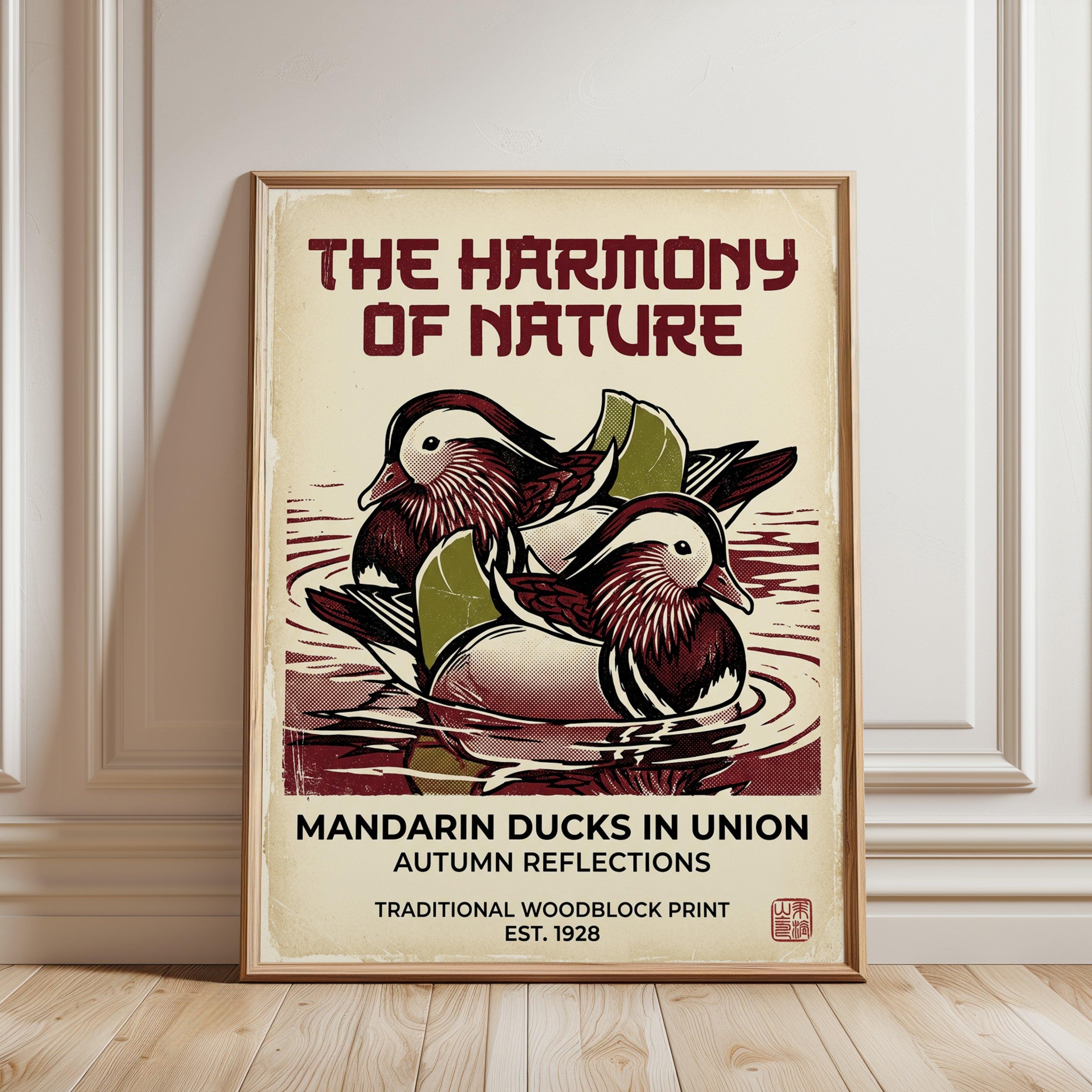 Mandarin Ducks Print: Traditional Woodblock Nature Poster - framed detail