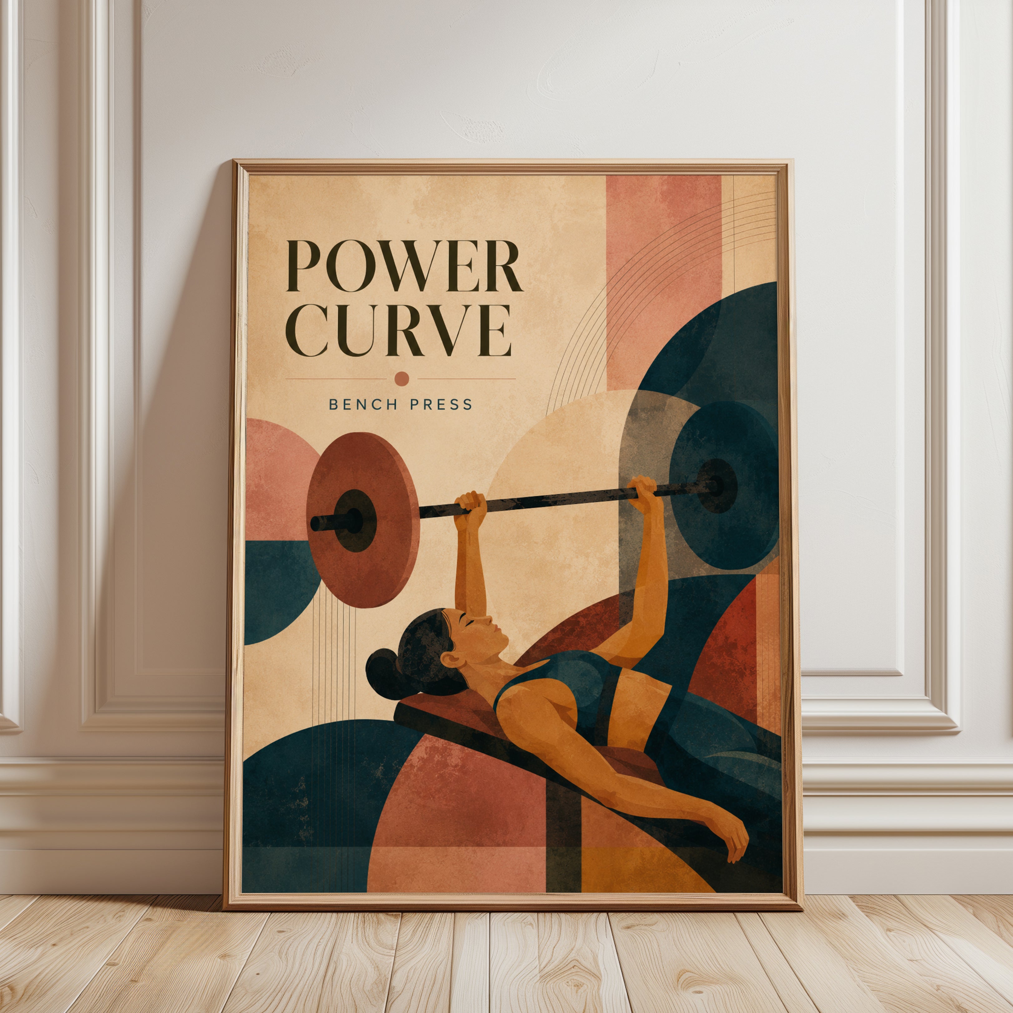 Power Curve Bench Press Art Print: Art Deco Fitness Poster - framed detail