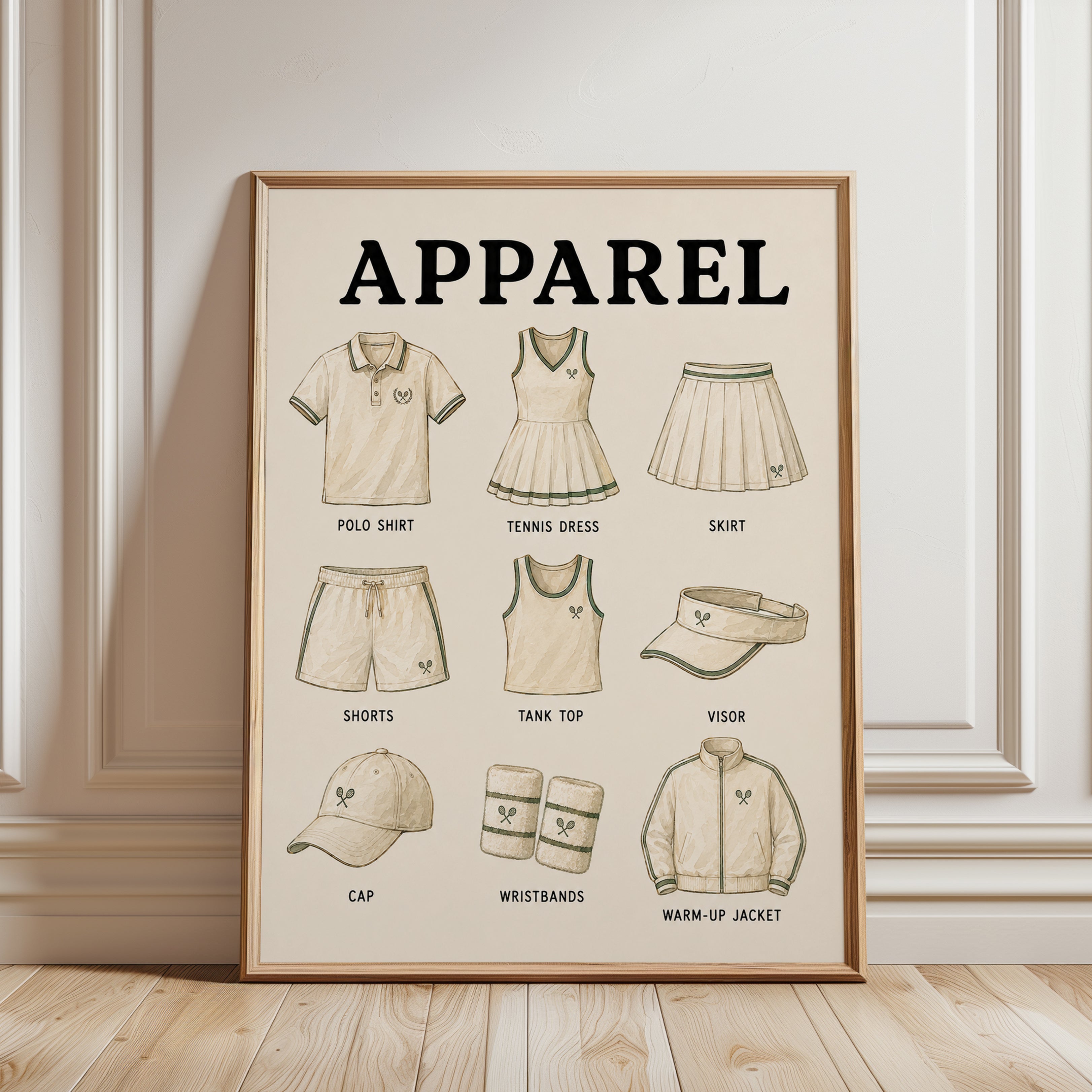 Tennis Apparel Art Print — Vintage Sports Illustration - framed detail