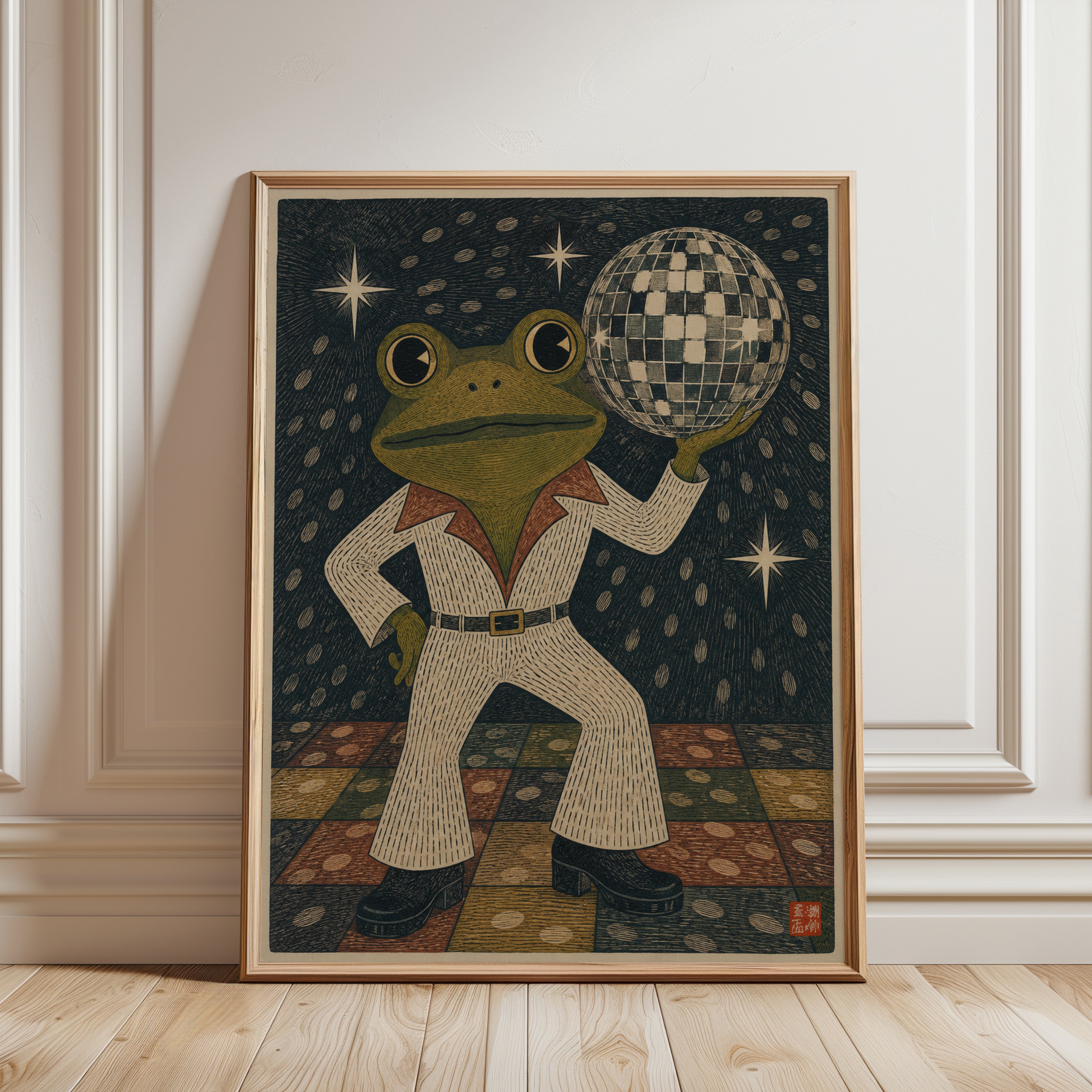 Retro Disco Frog Print – Vintage Dance Wall Art - framed detail
