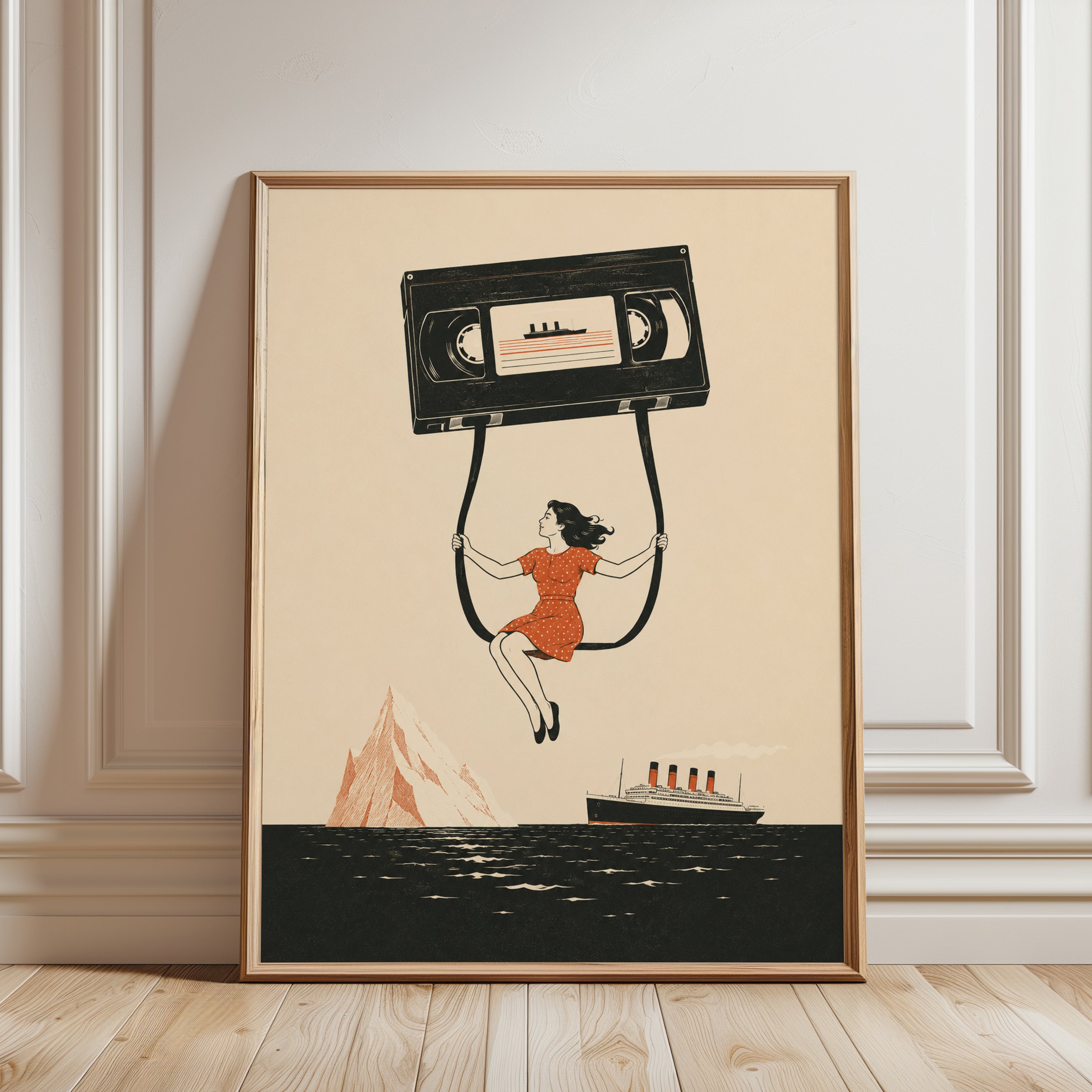 Retro Cassette Tape Print: Whimsical Woman Swinging - framed detail